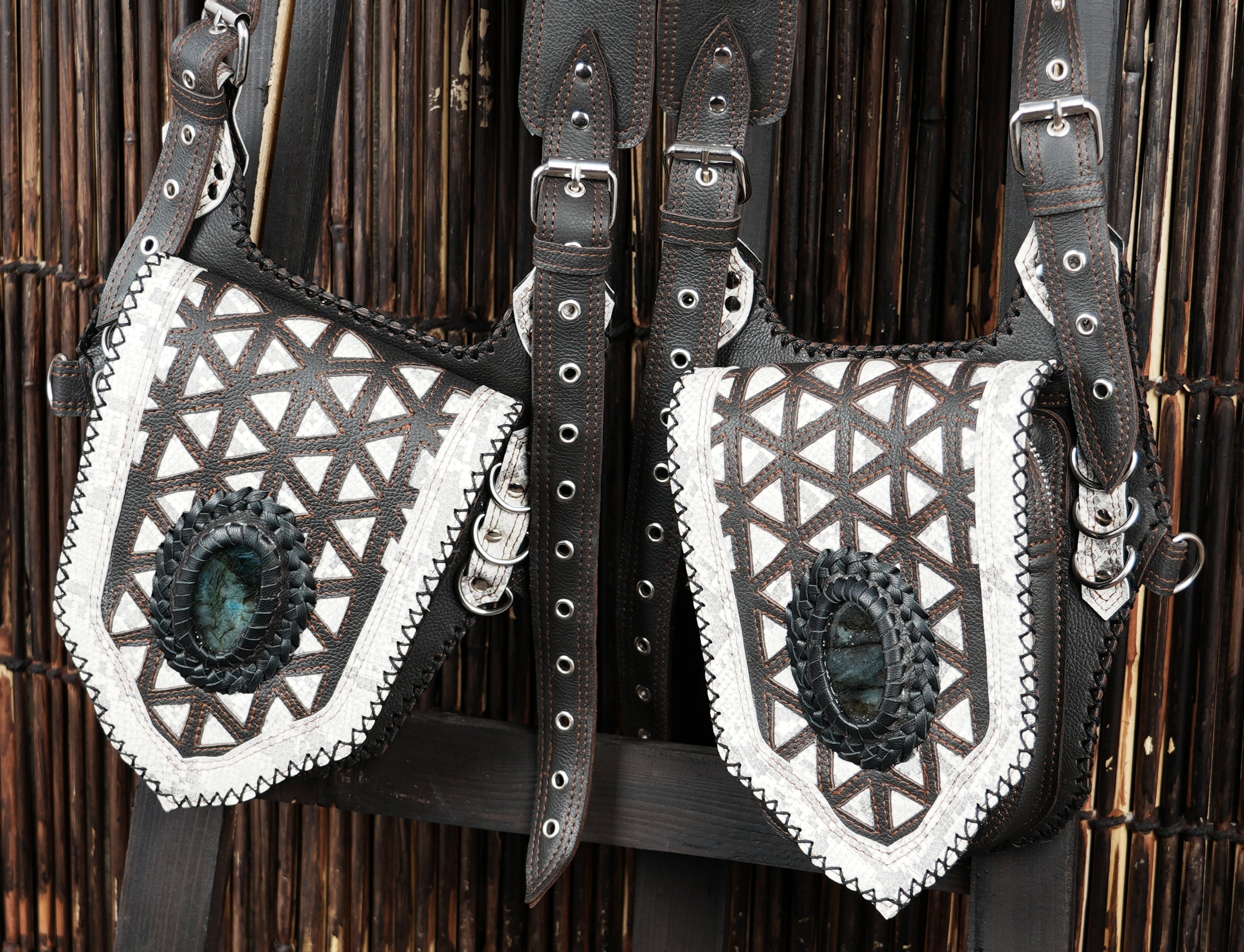Handcrafted leather harness holster with ethnic pattern and gemstone cabochons