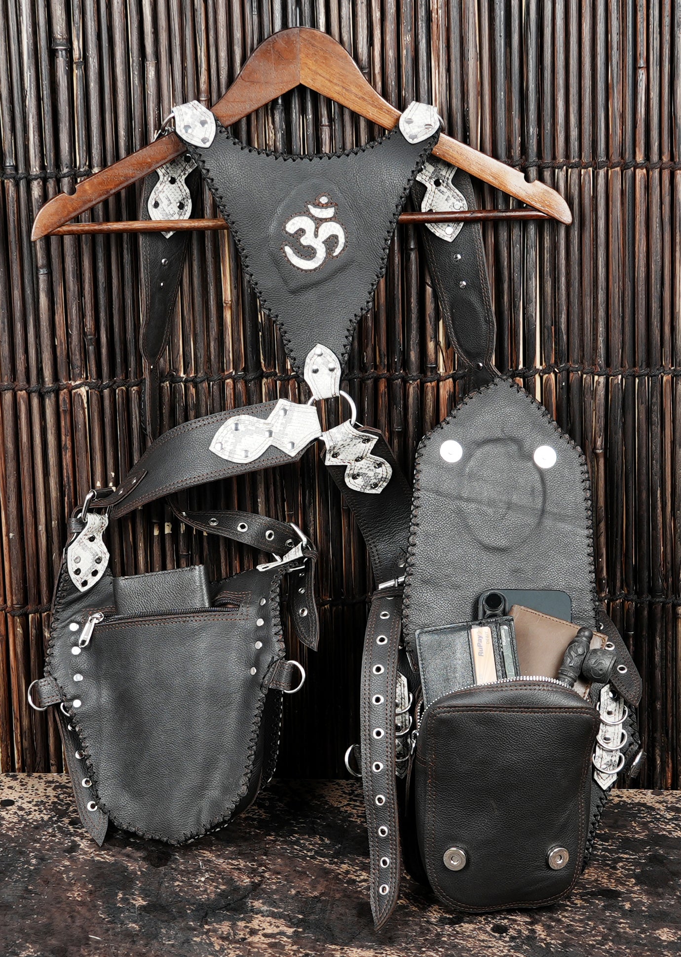Festival leather holster with adjustable straps and ornamental details