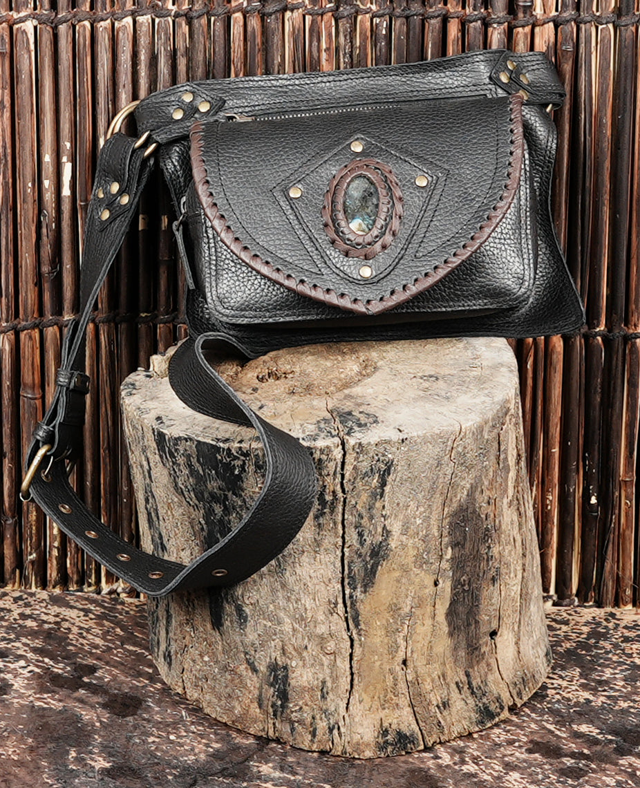 Handcrafted black leather belt pouch with rivets