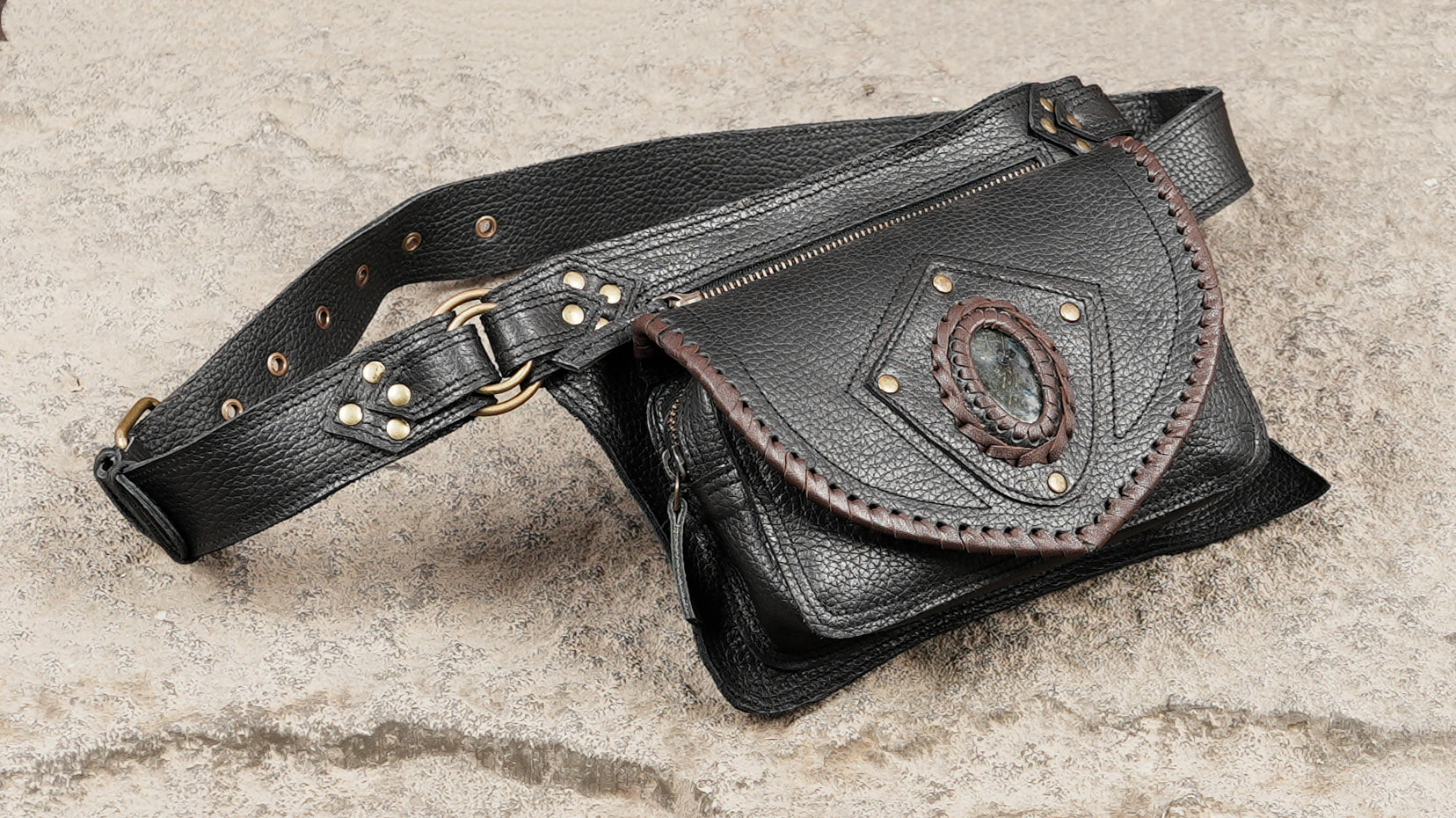 Durable leather hip belt pouch with flap closure