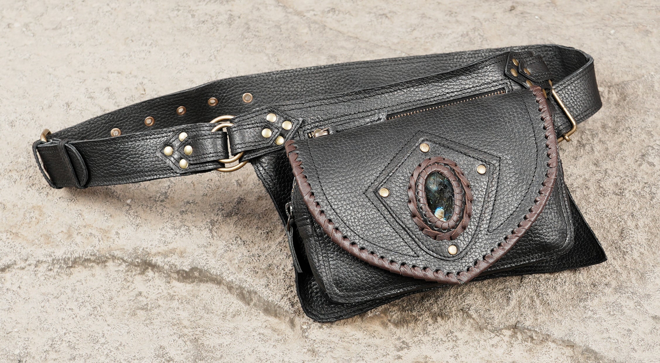 Black leather utility belt pouch with brass rings