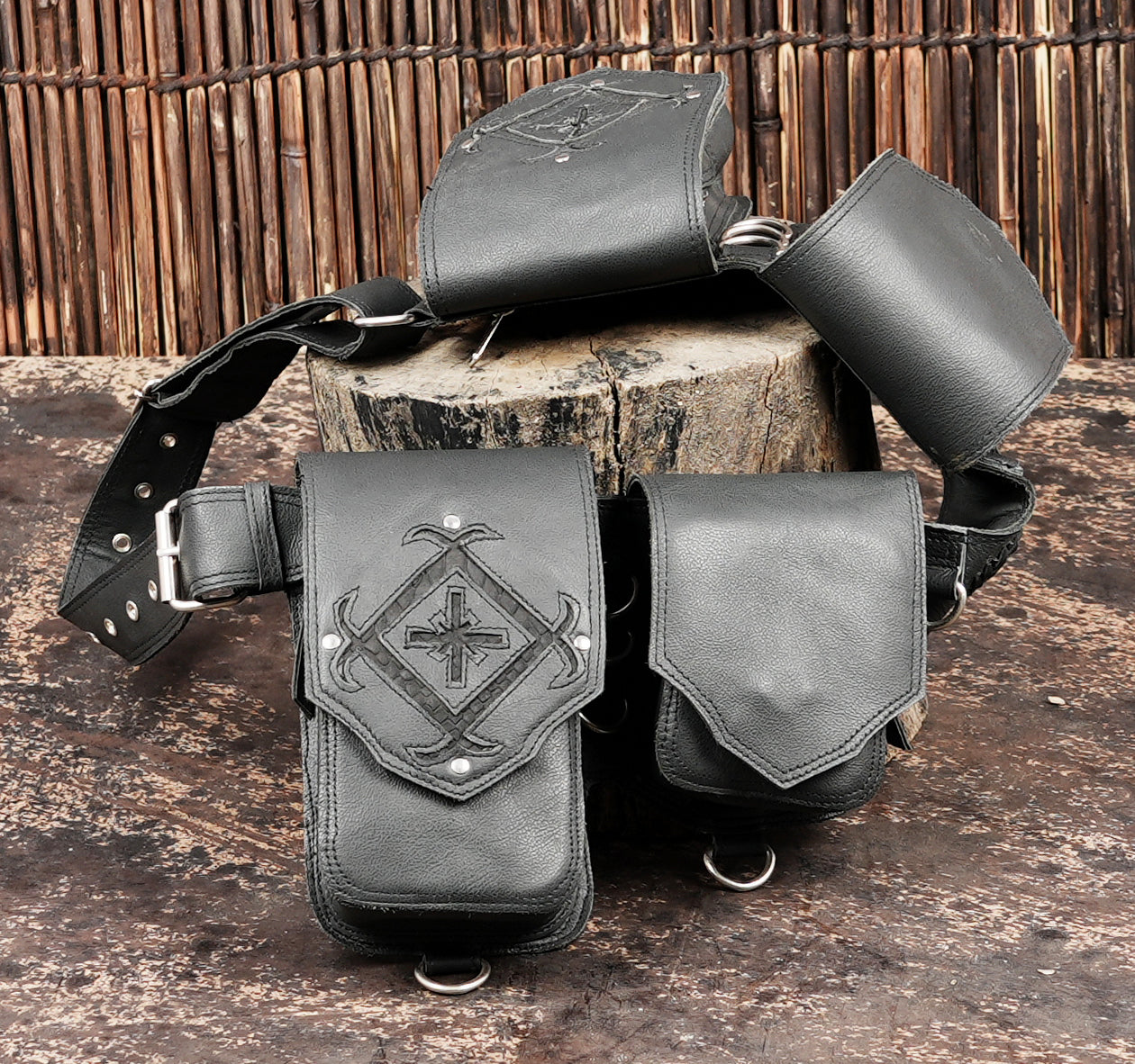 Black leather festival belt with utility pouches