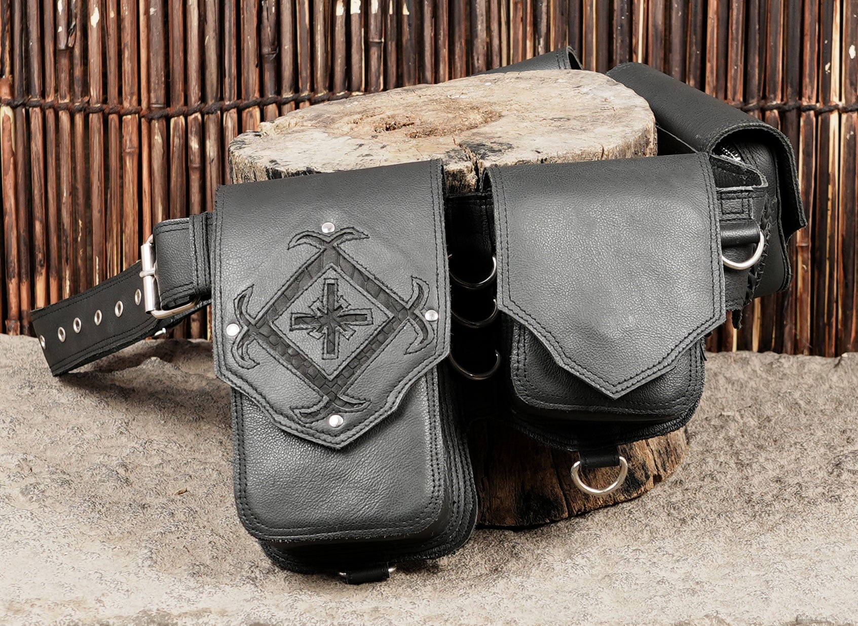 Leather waist belt with secure flap closure pockets