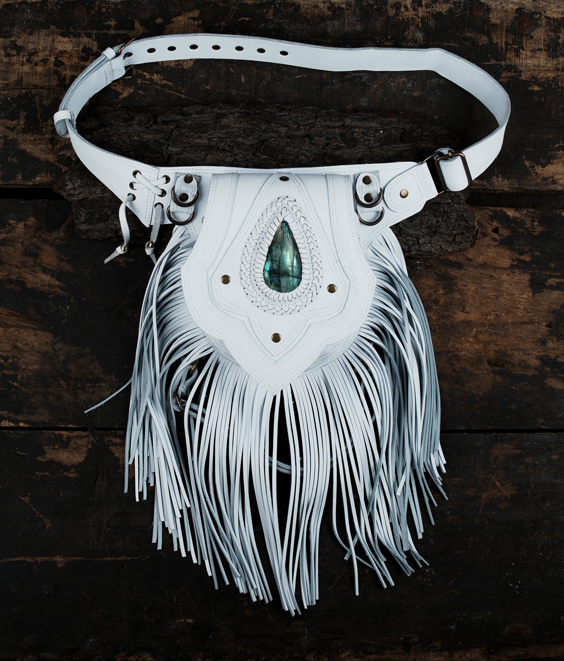 Statement leather fringe belt with natural gemstone decoration