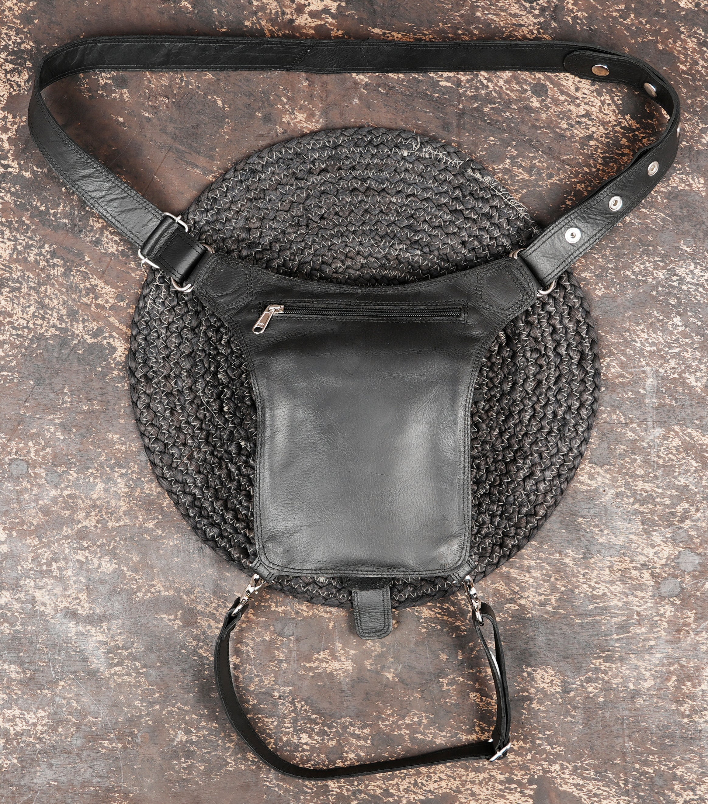 Leather thigh belt bag with metal hardware