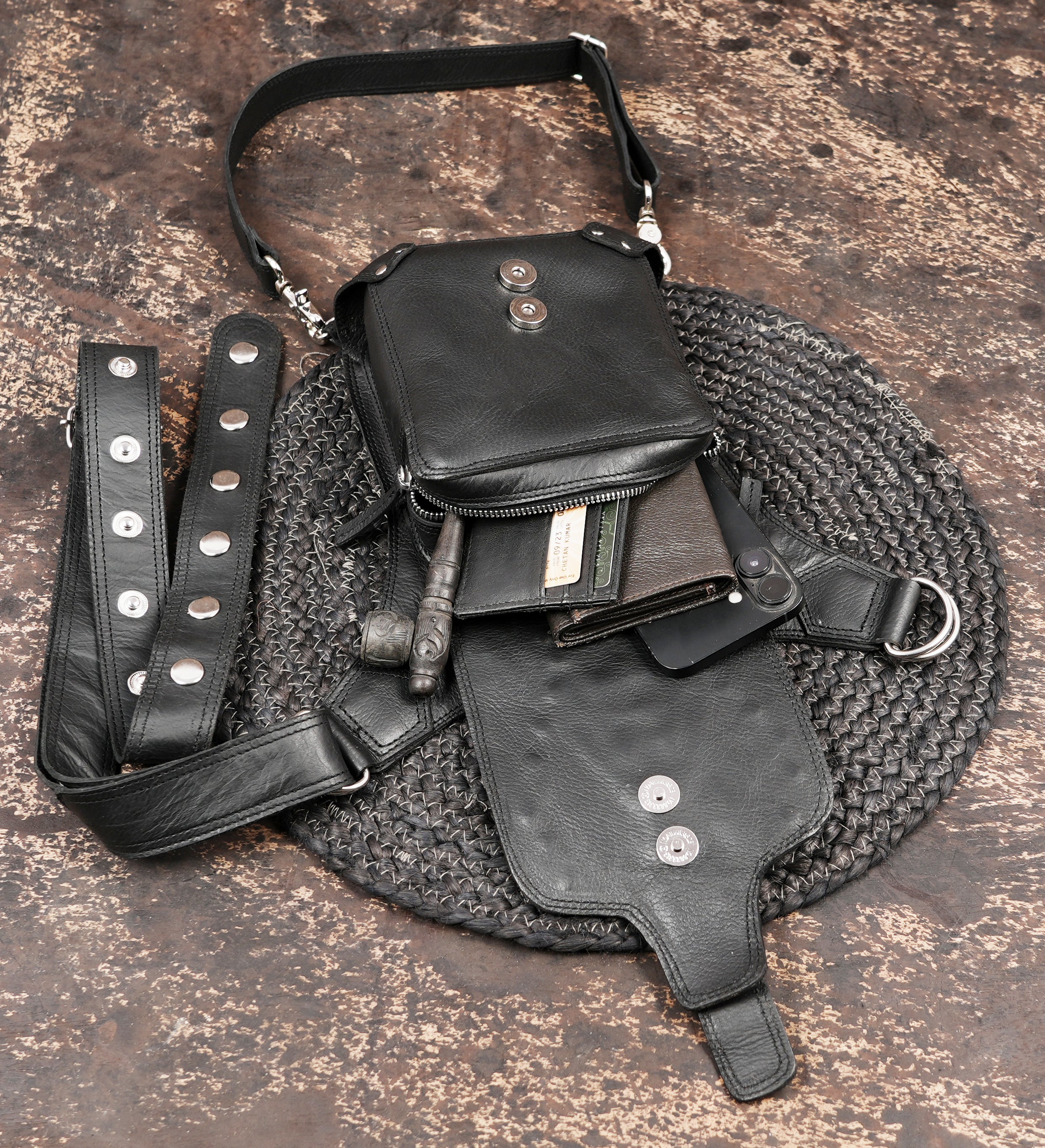 Artisan leather waist thigh belt with rivets