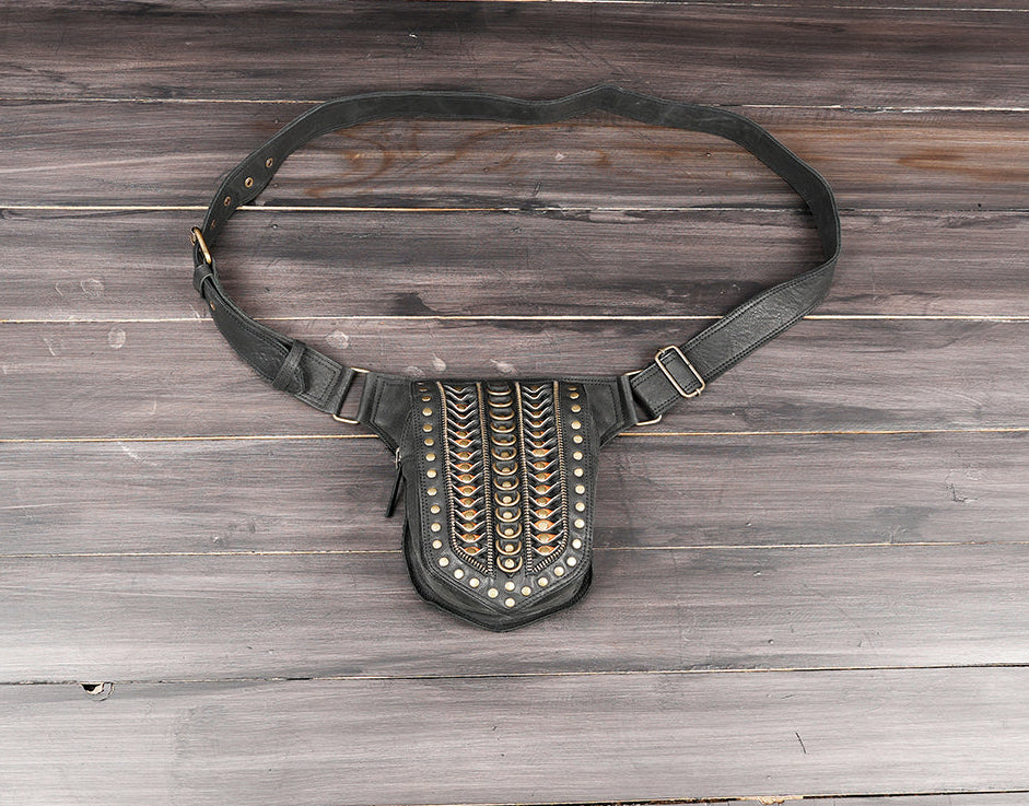 Black genuine leather waist belt with adjustable buckle and metal stud detailing