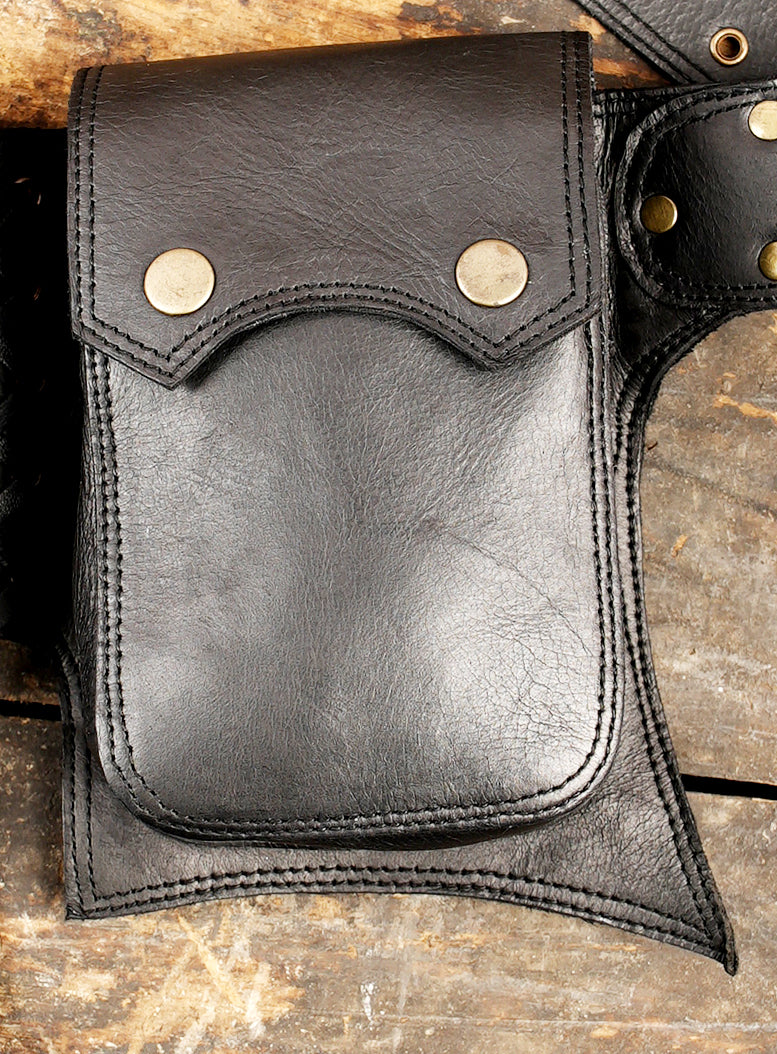 Handmade black leather utility hip pack with three pouches.