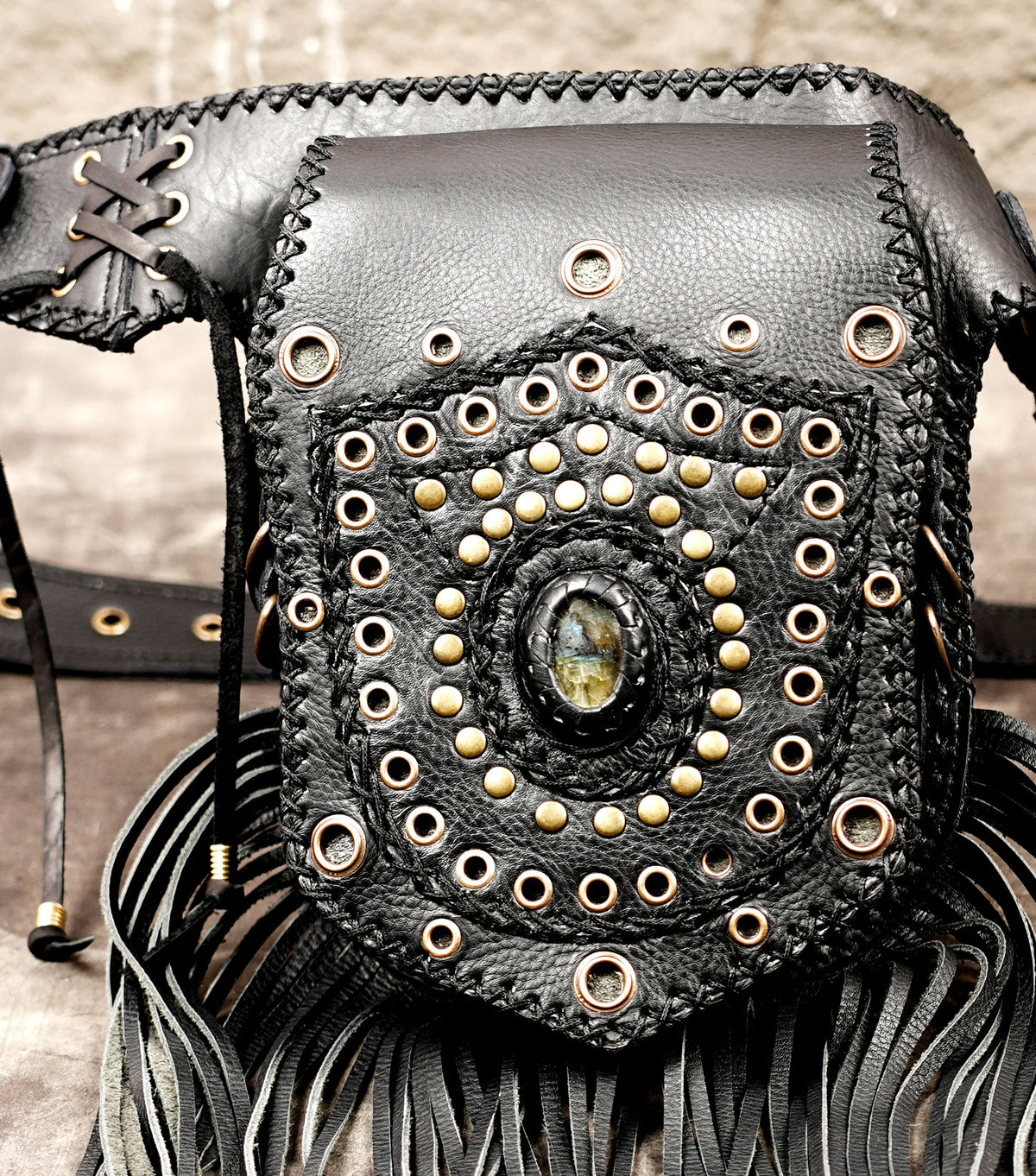 Handmade boho waist belt with intricate leatherwork