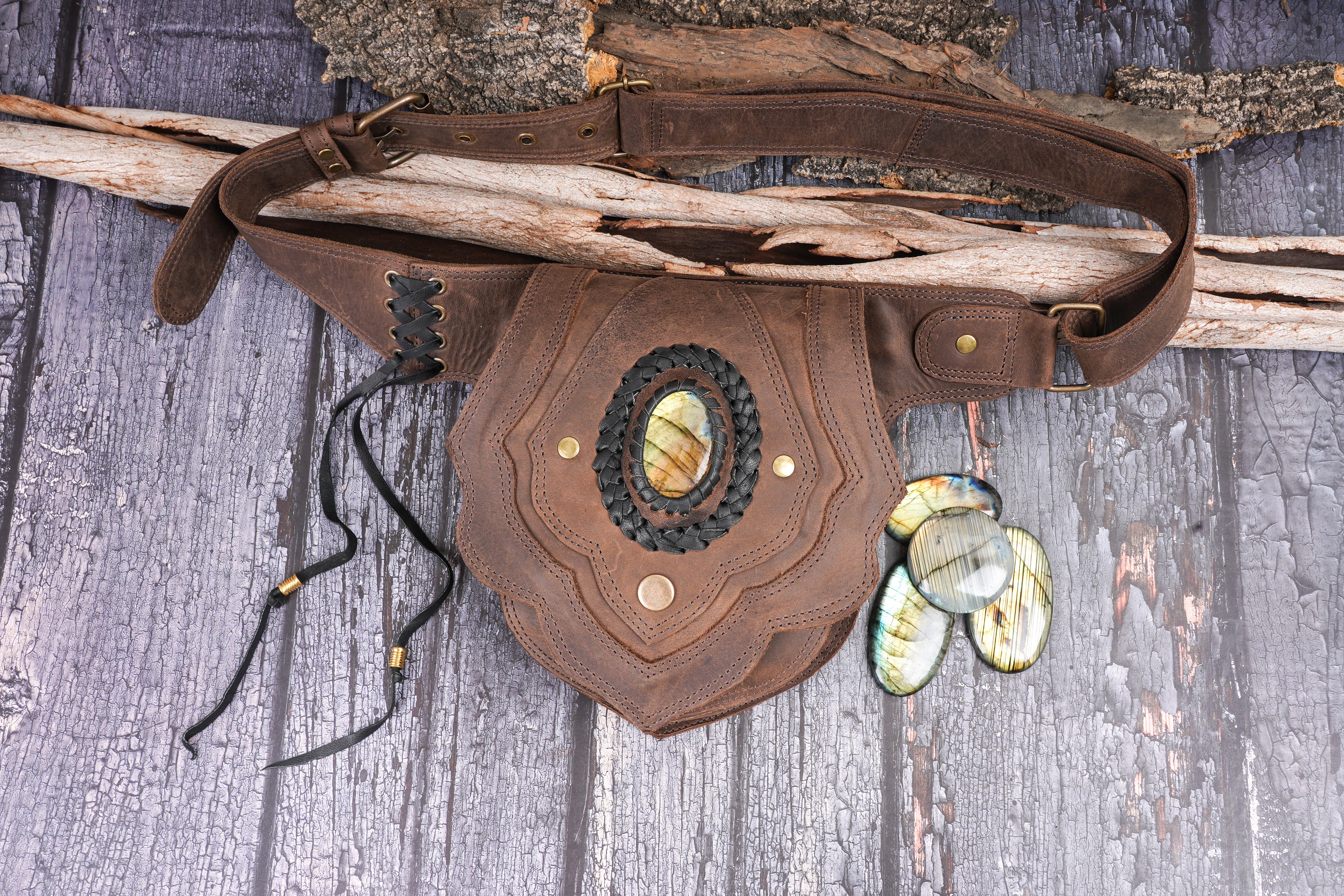 Handmade black leather waist belt pouch