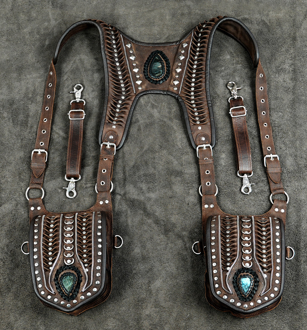 Brown Leather Holster Bag with Gemstones Unisex Steampunk Harness