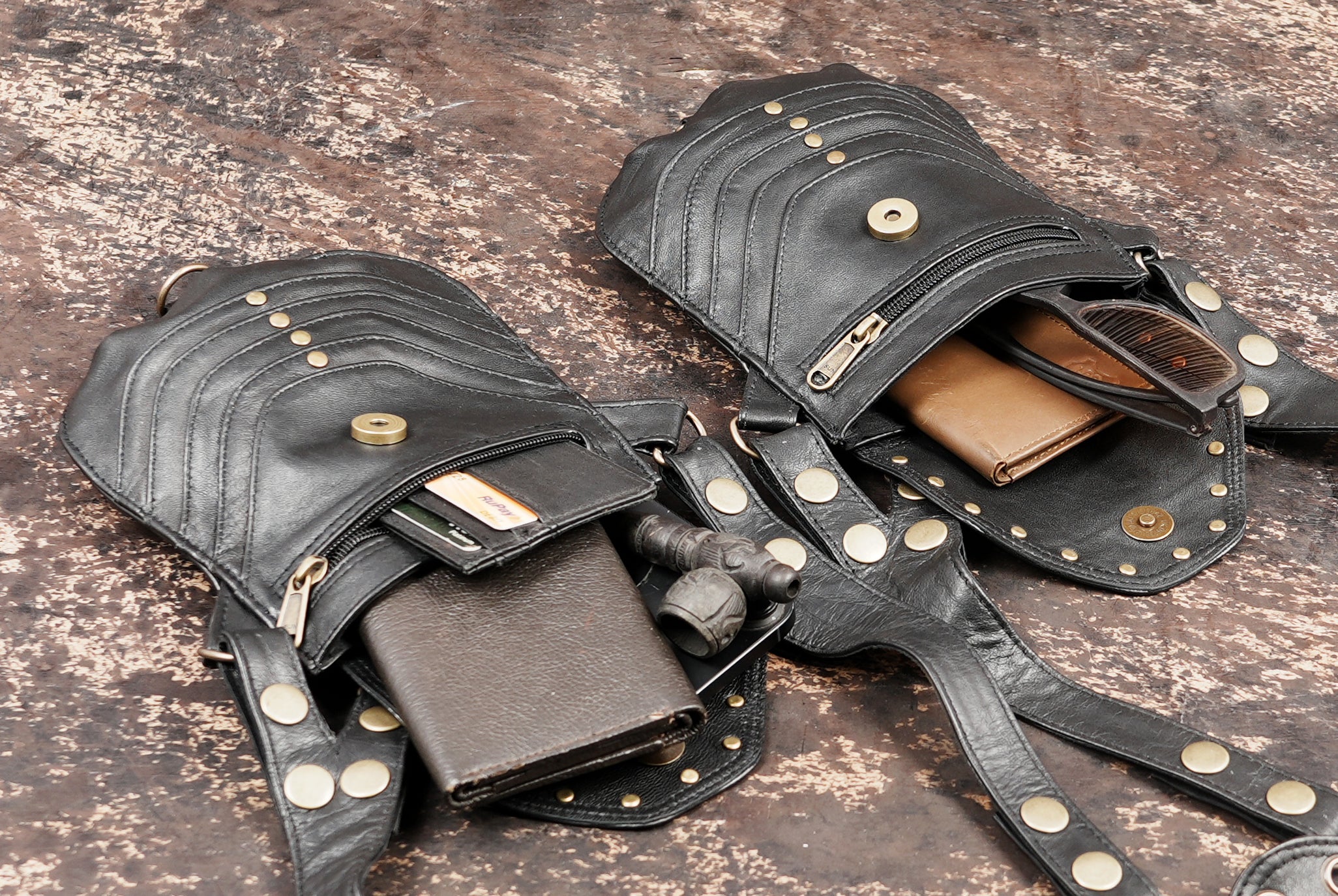 Minimal style leather shoulder holster with dual pockets