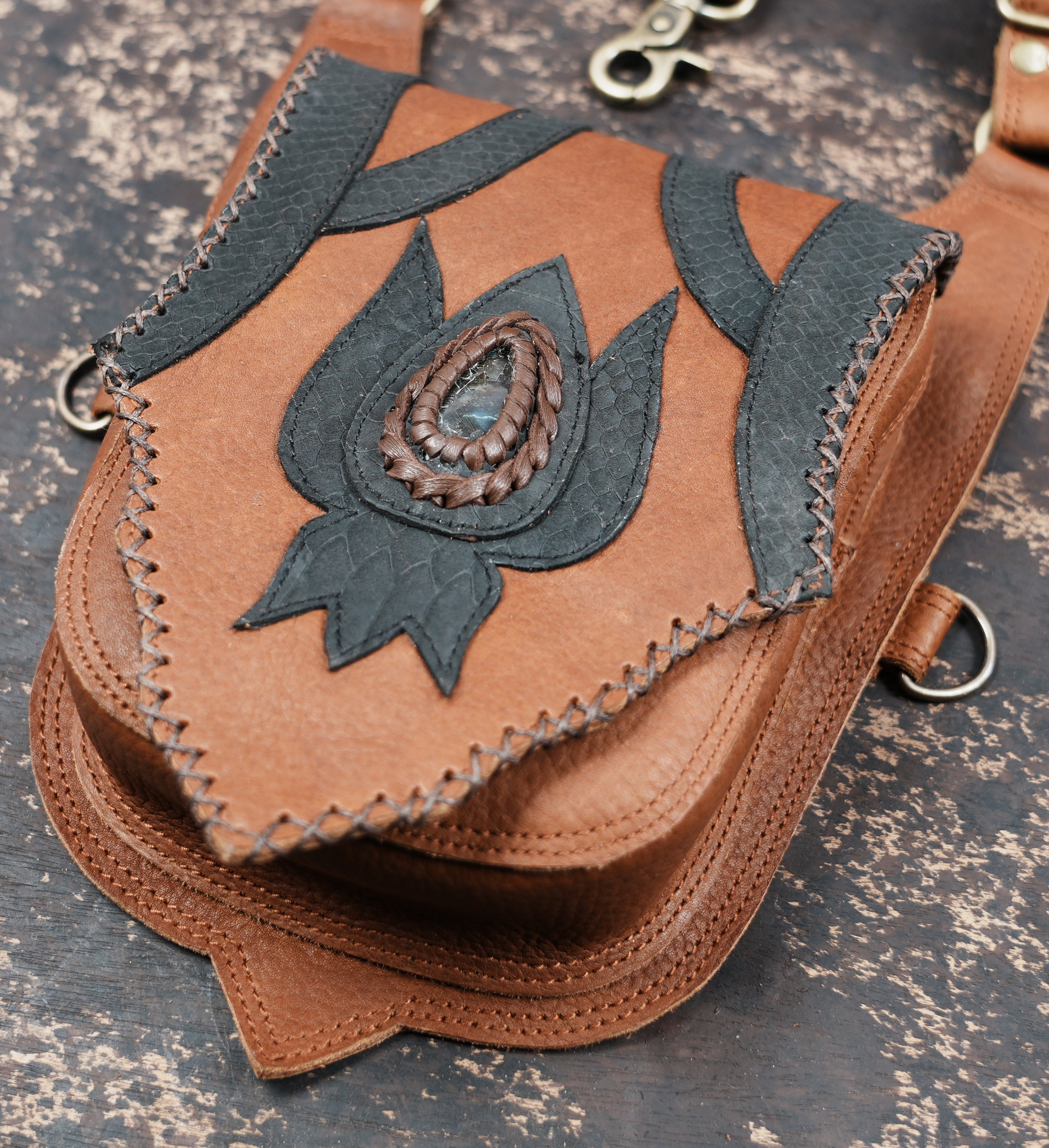 Festival leather holster belt with lotus pattern and gemstone accent