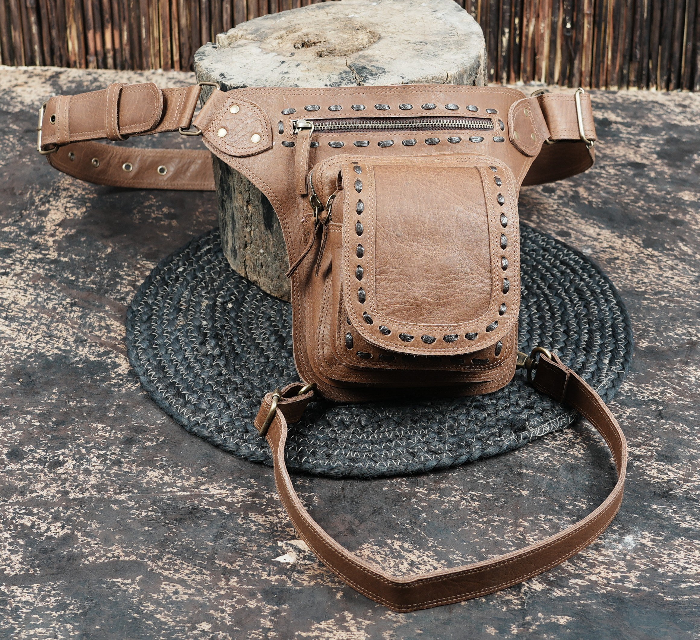 Handcrafted black leather thigh belt for festivals and daily wear