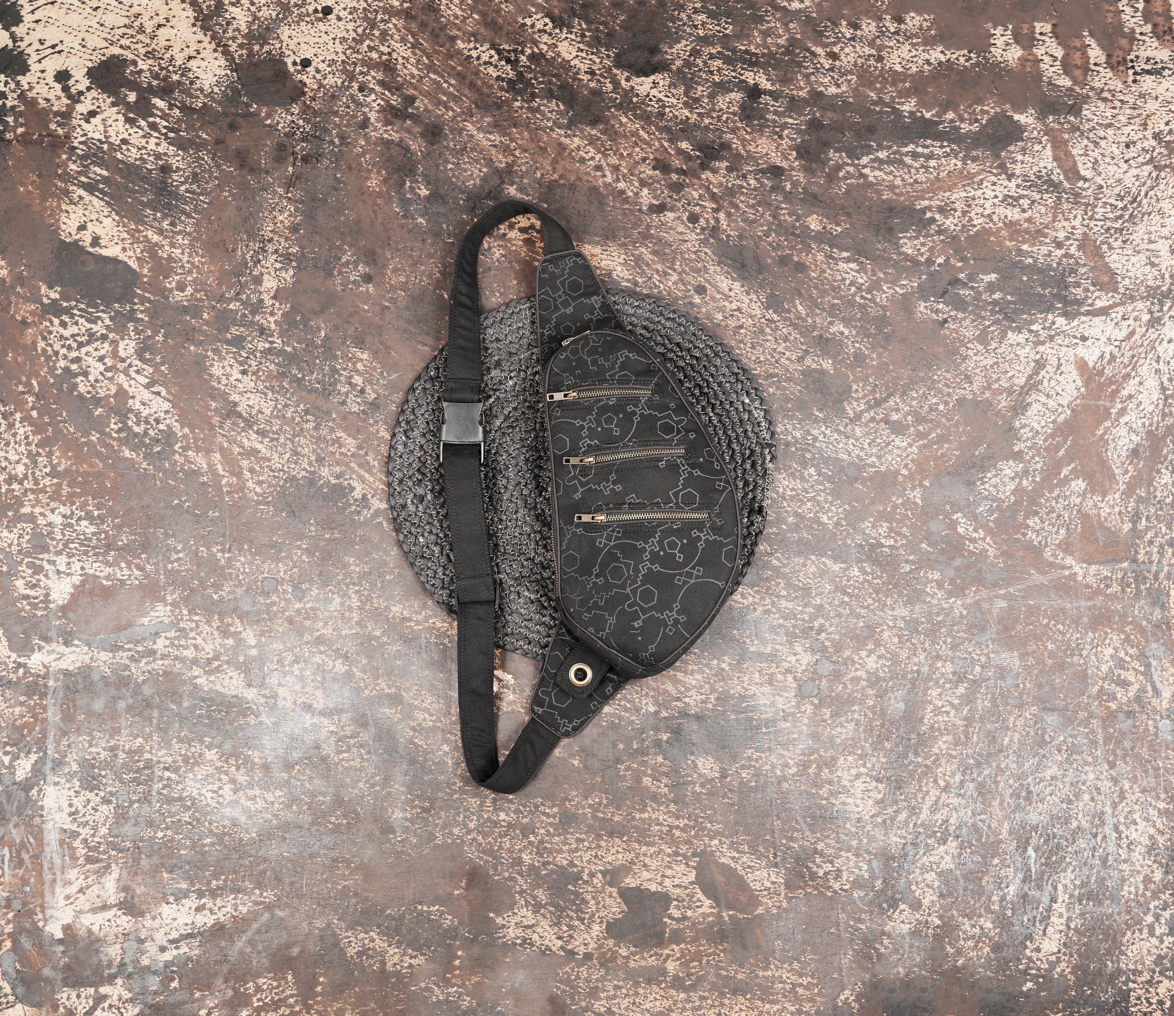 Black cotton shoulder belt sling bag with multiple zipper pockets