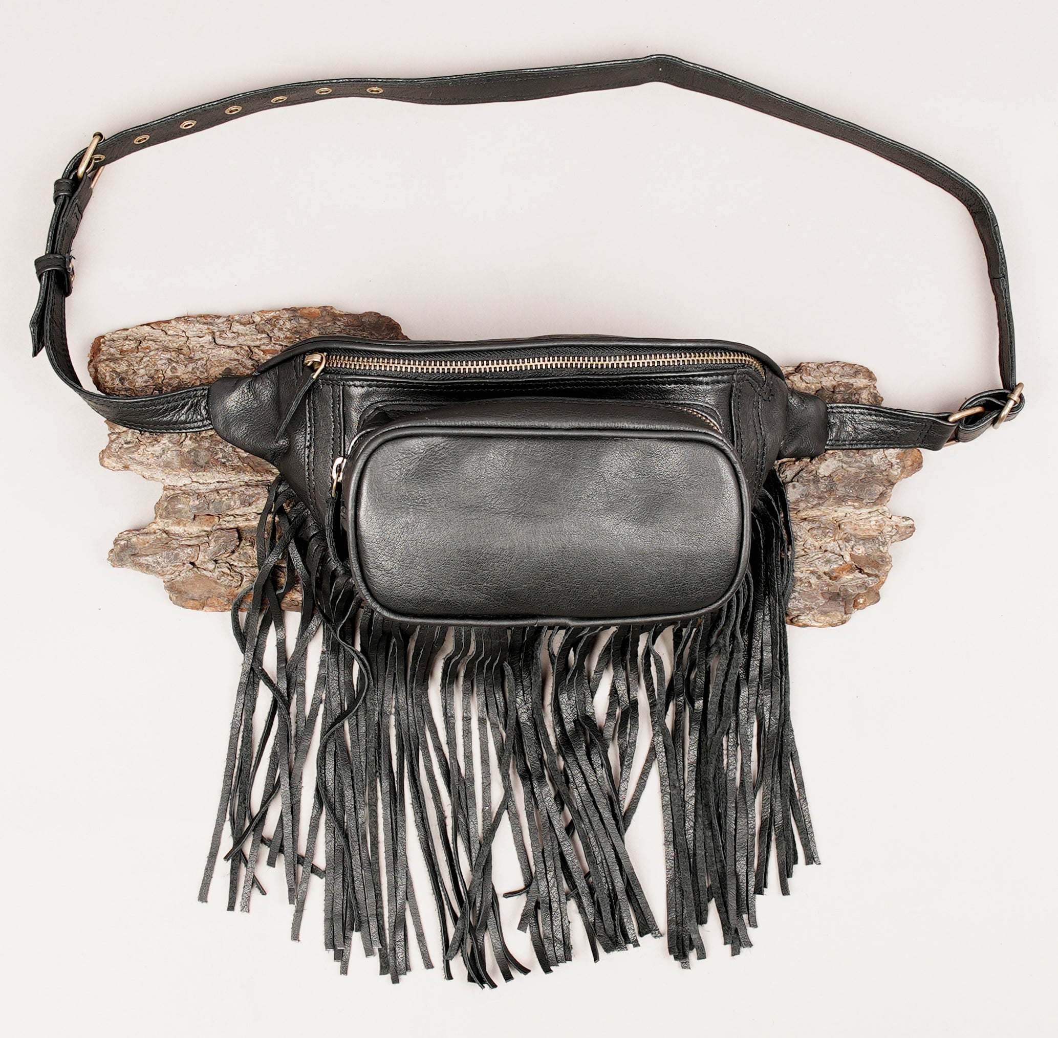 Black leather fringe waist bag with adjustable strap