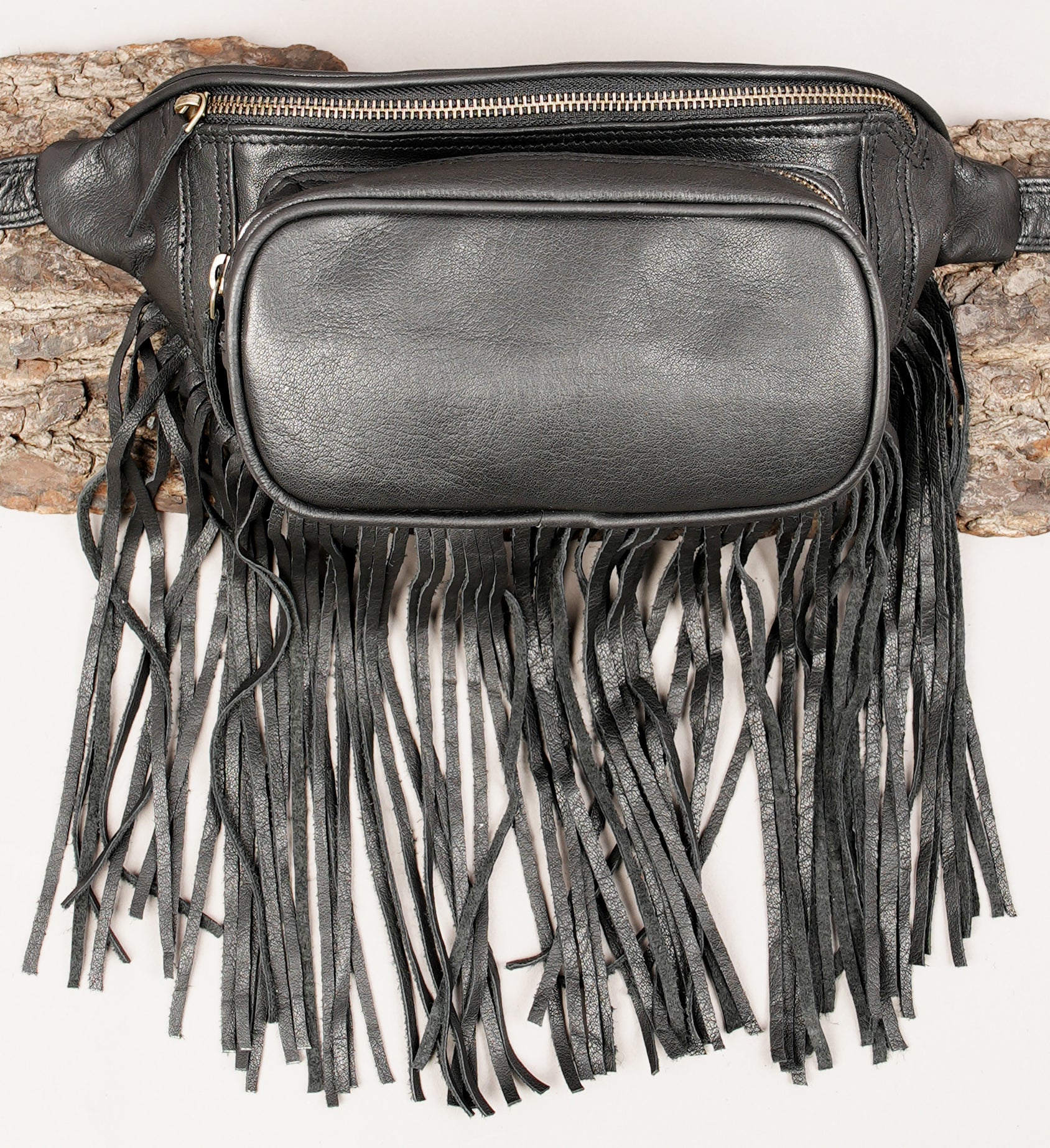 Black leather waist pouch with long tassel fringe