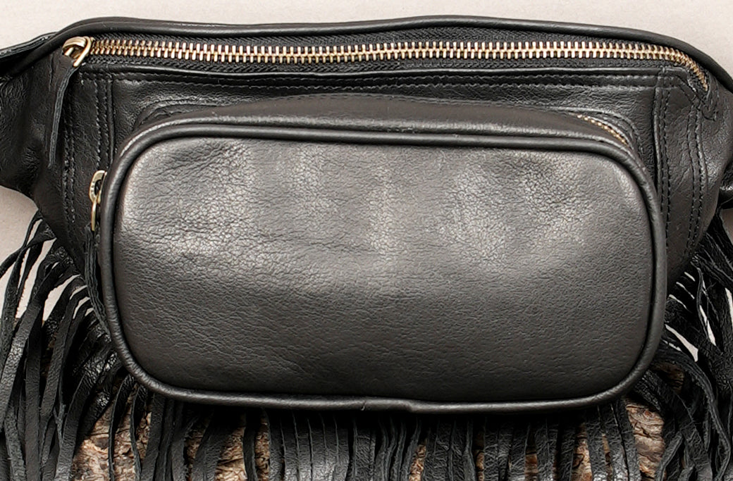 Handmade black leather festival belt bag with fringe