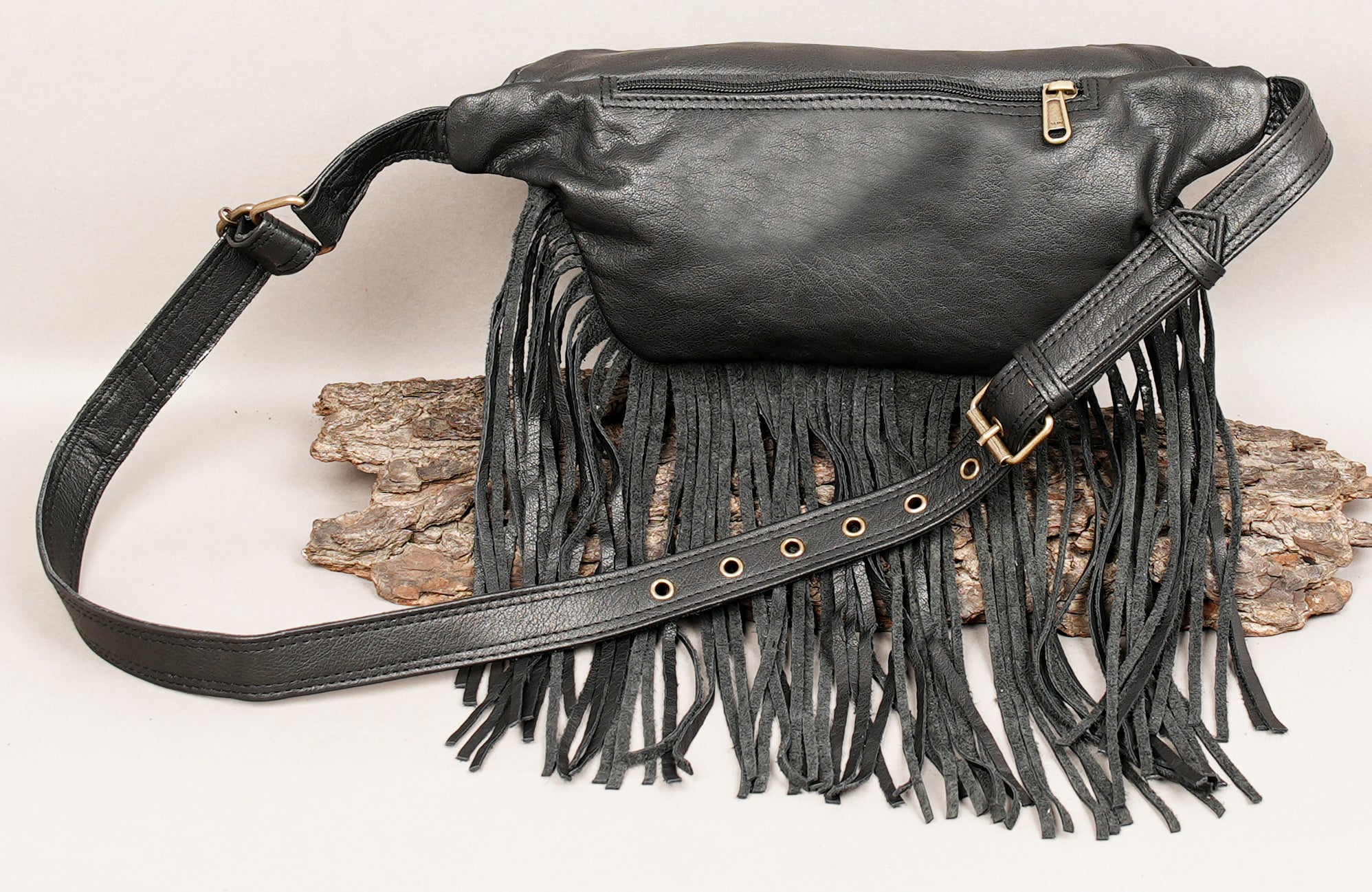 Black leather hip pouch with spacious zip compartment