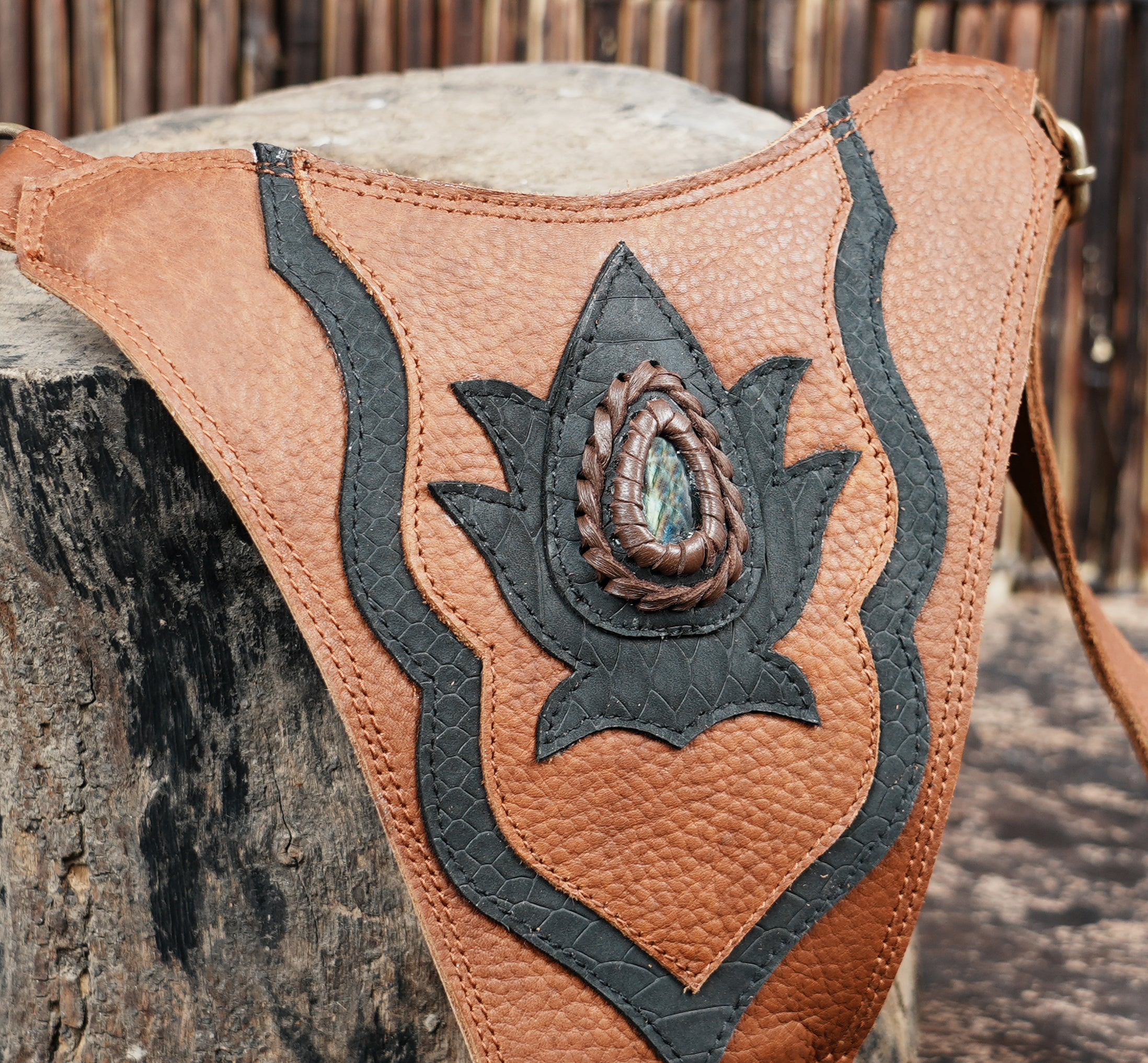 Boho leather thigh holster bag with handcrafted detailing