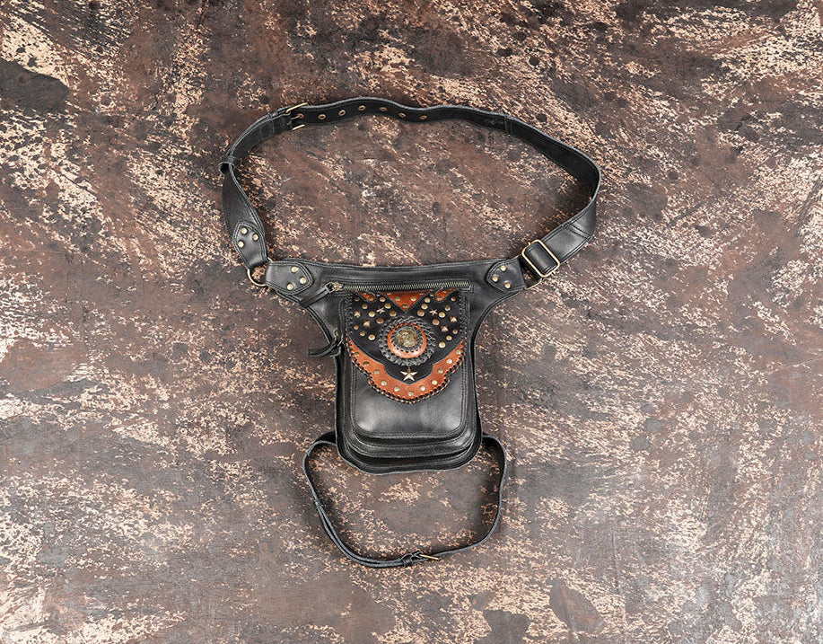 Black leather waist thigh belt with utility pouch and adjustable straps