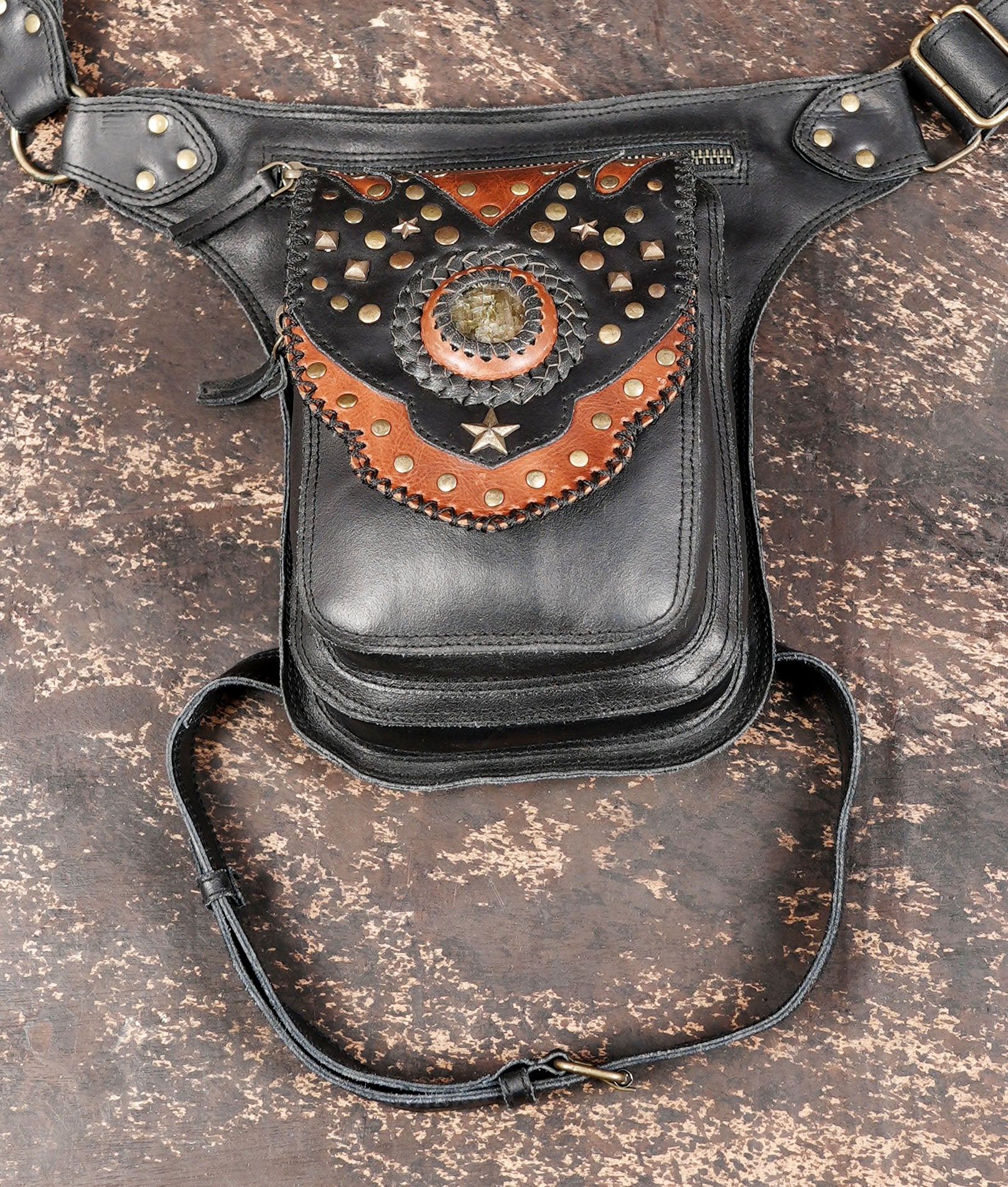 Handmade leather waist belt with thigh strap and front pouch