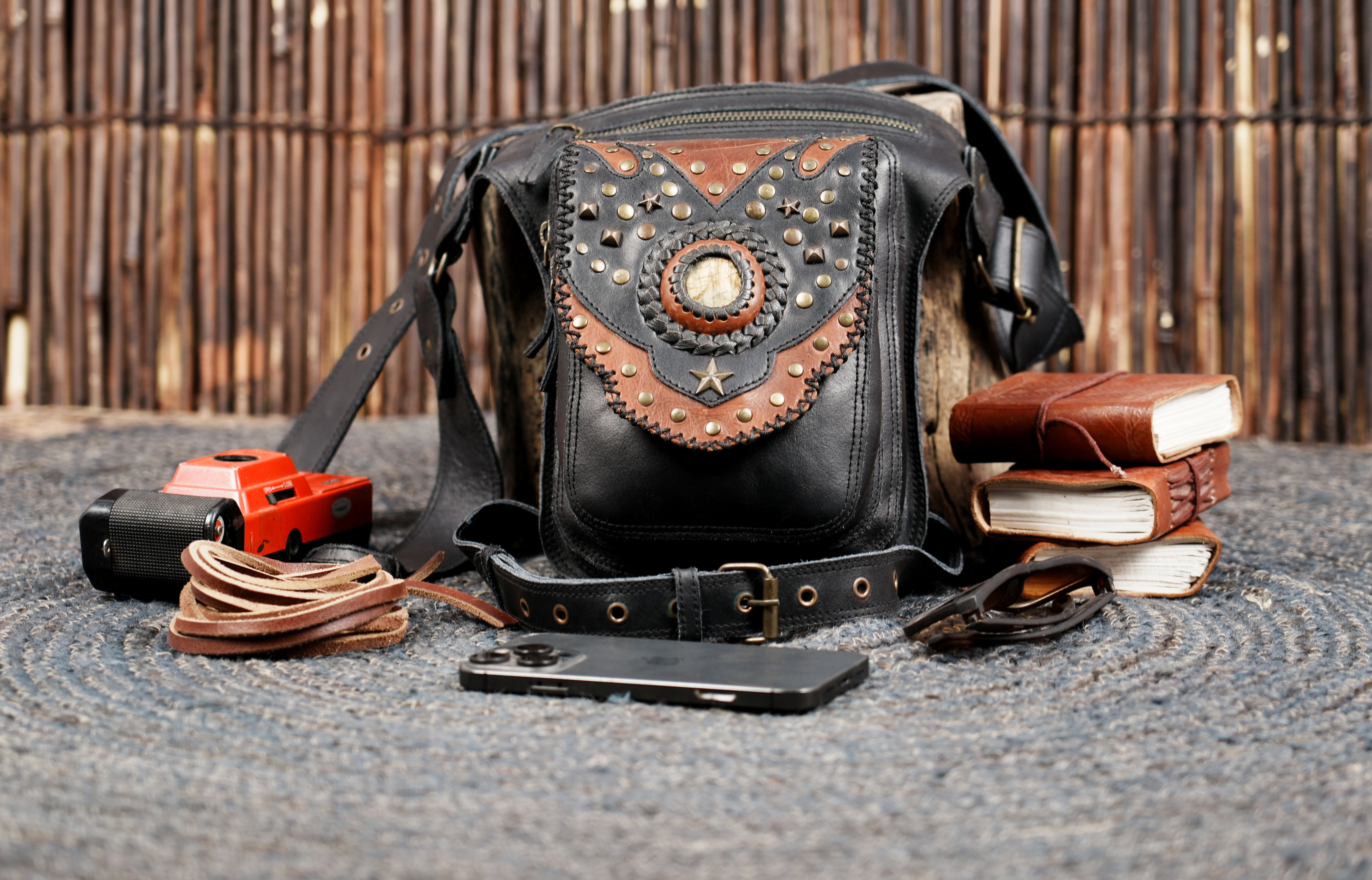 Handmade leather thigh belt pouch with detailed leatherwork