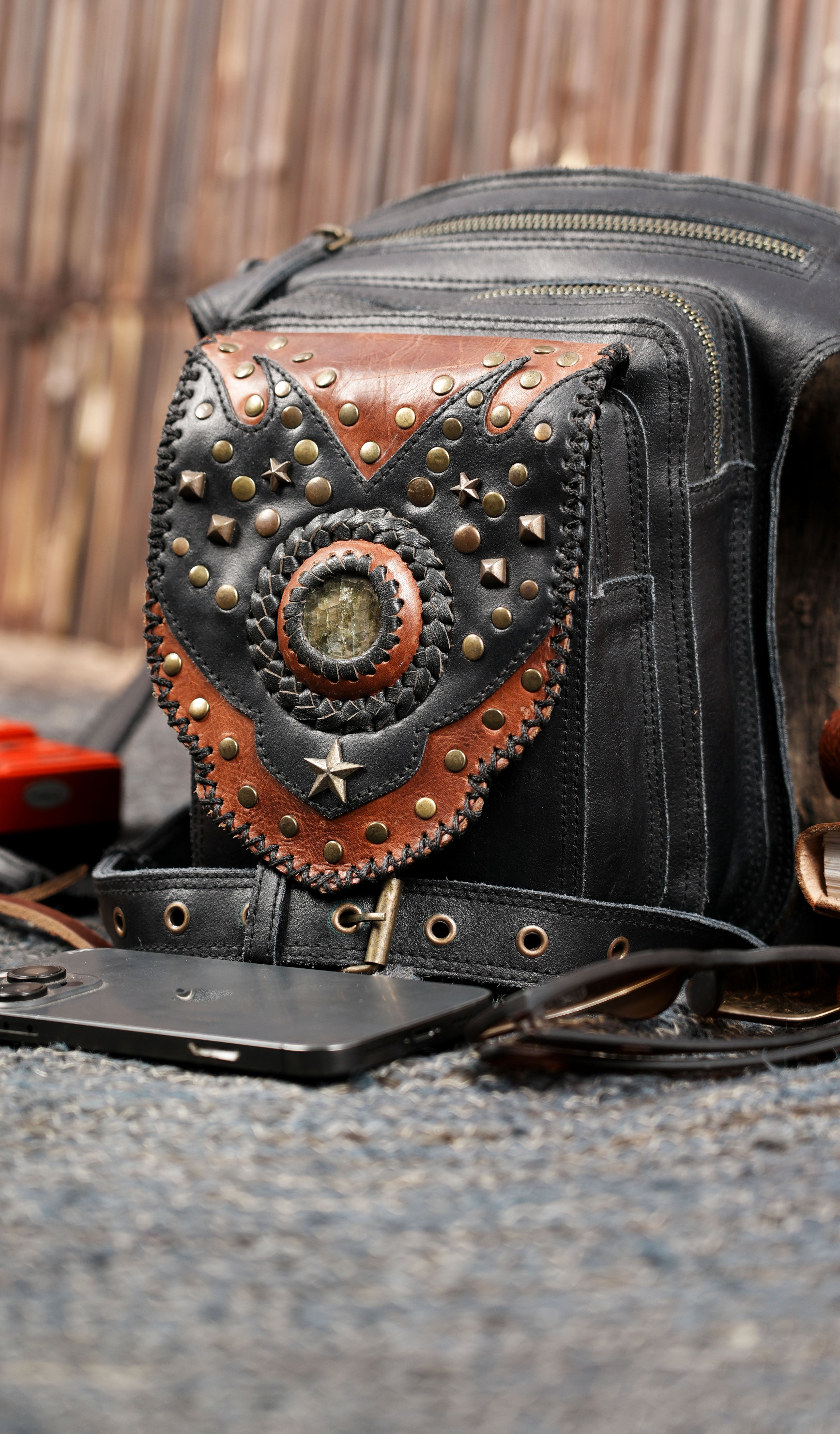 Black leather waist holster belt with front storage pocket