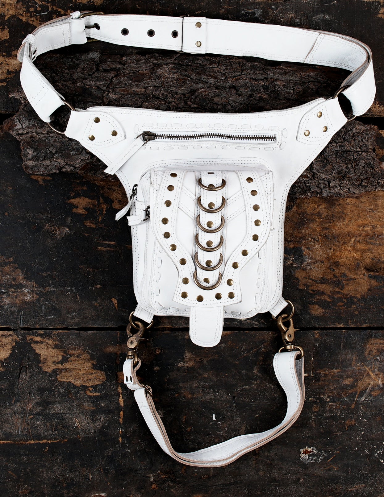 Black leather waist thigh belt with zippered utility pouch