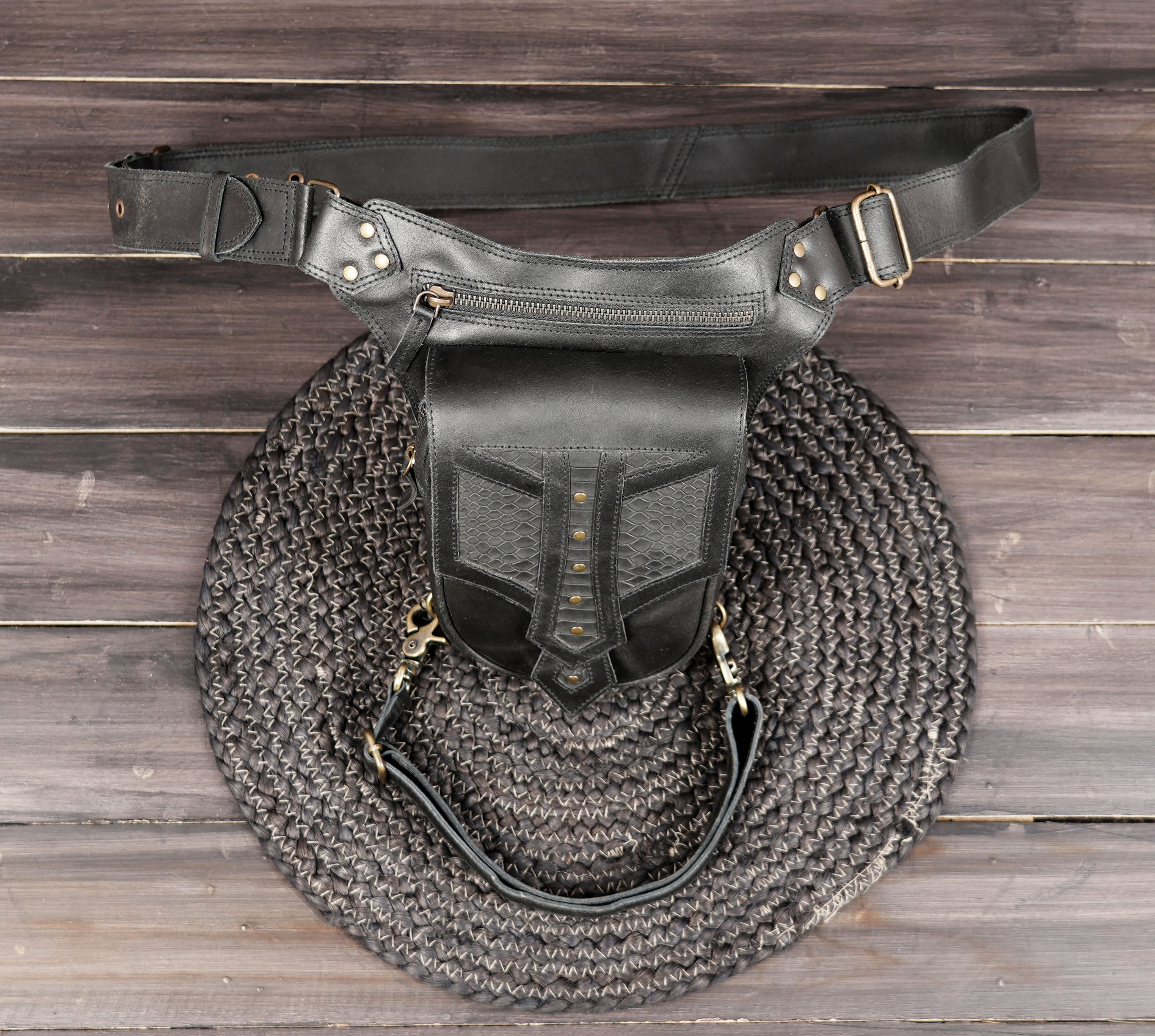 Handmade black leather utility thigh belt