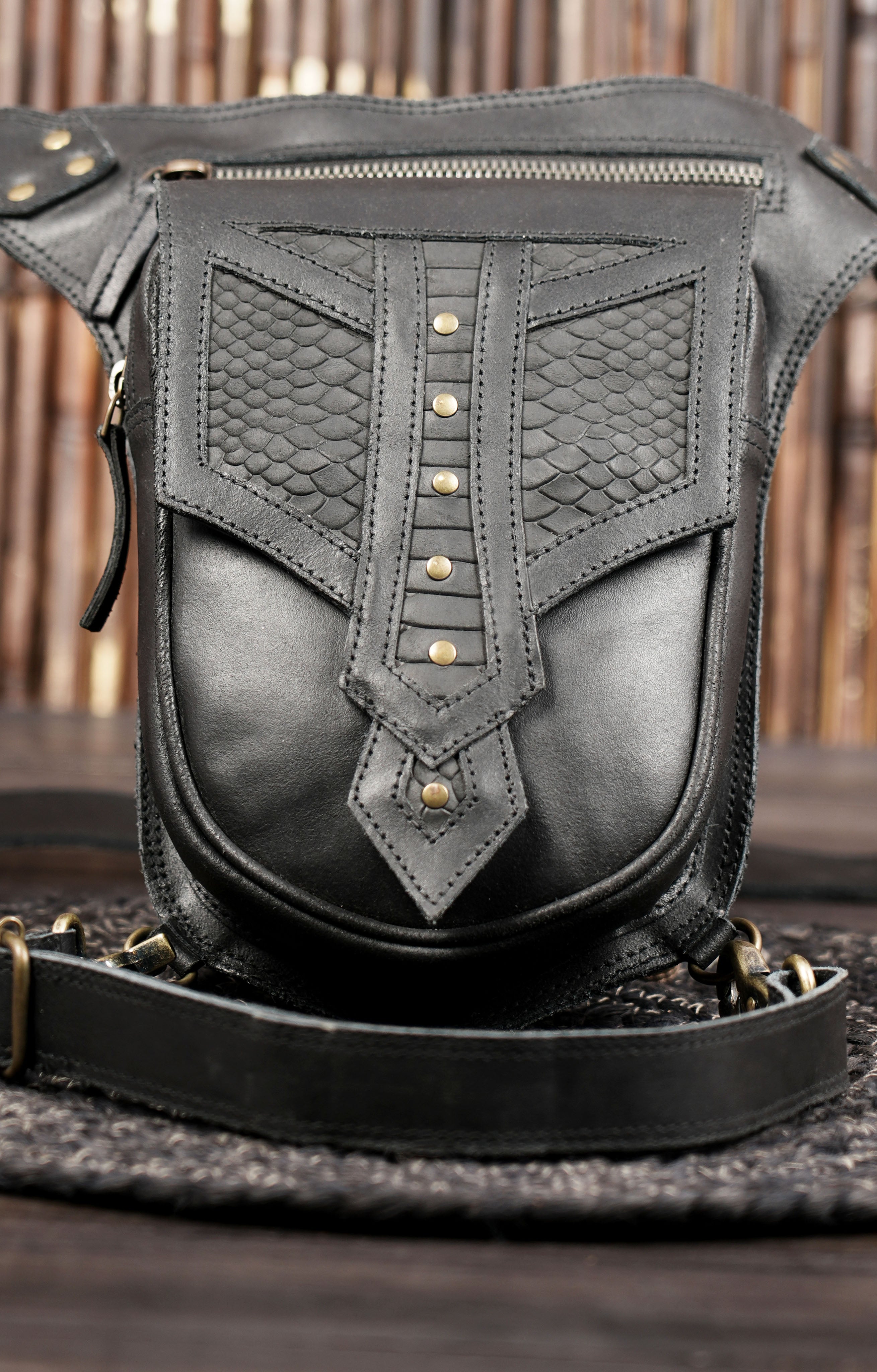 Leather waist belt bag with detachable thigh strap