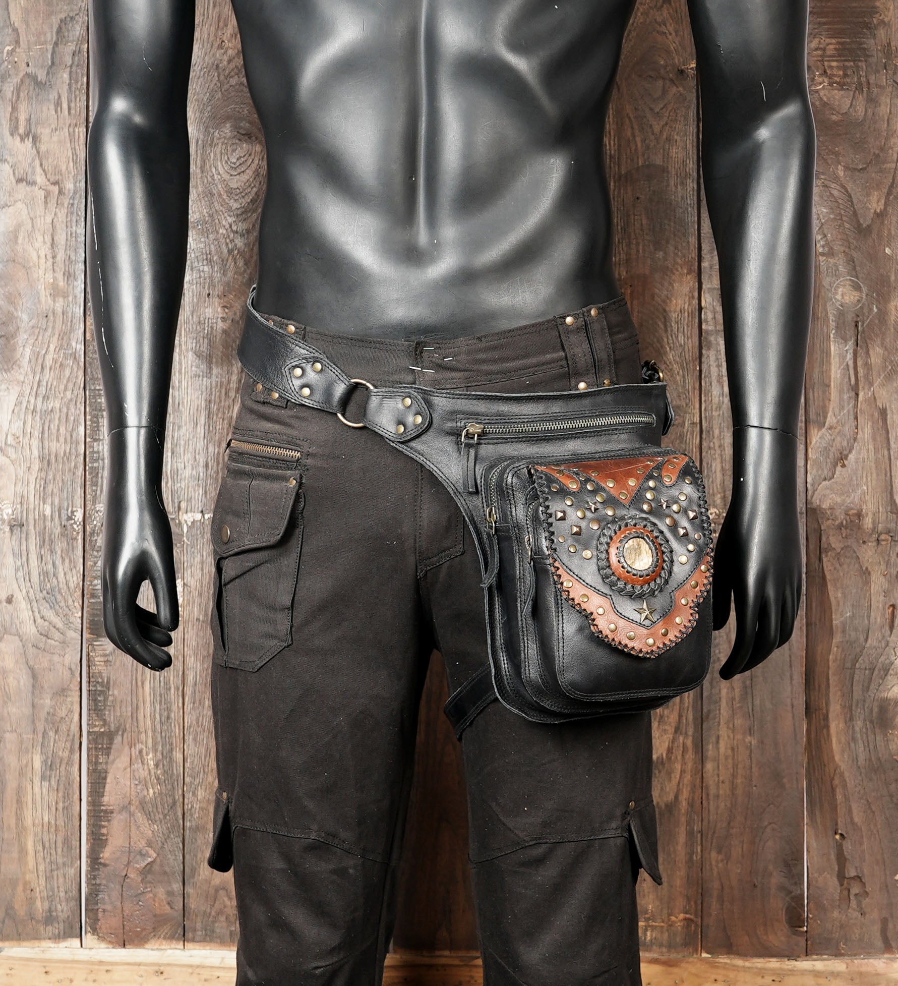 Black leather waist pouch belt with adjustable fit