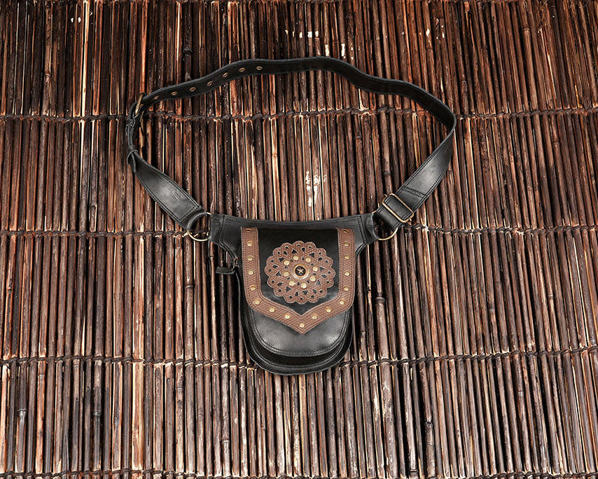 Handcrafted leather waist belt with front pouch and stud detailing