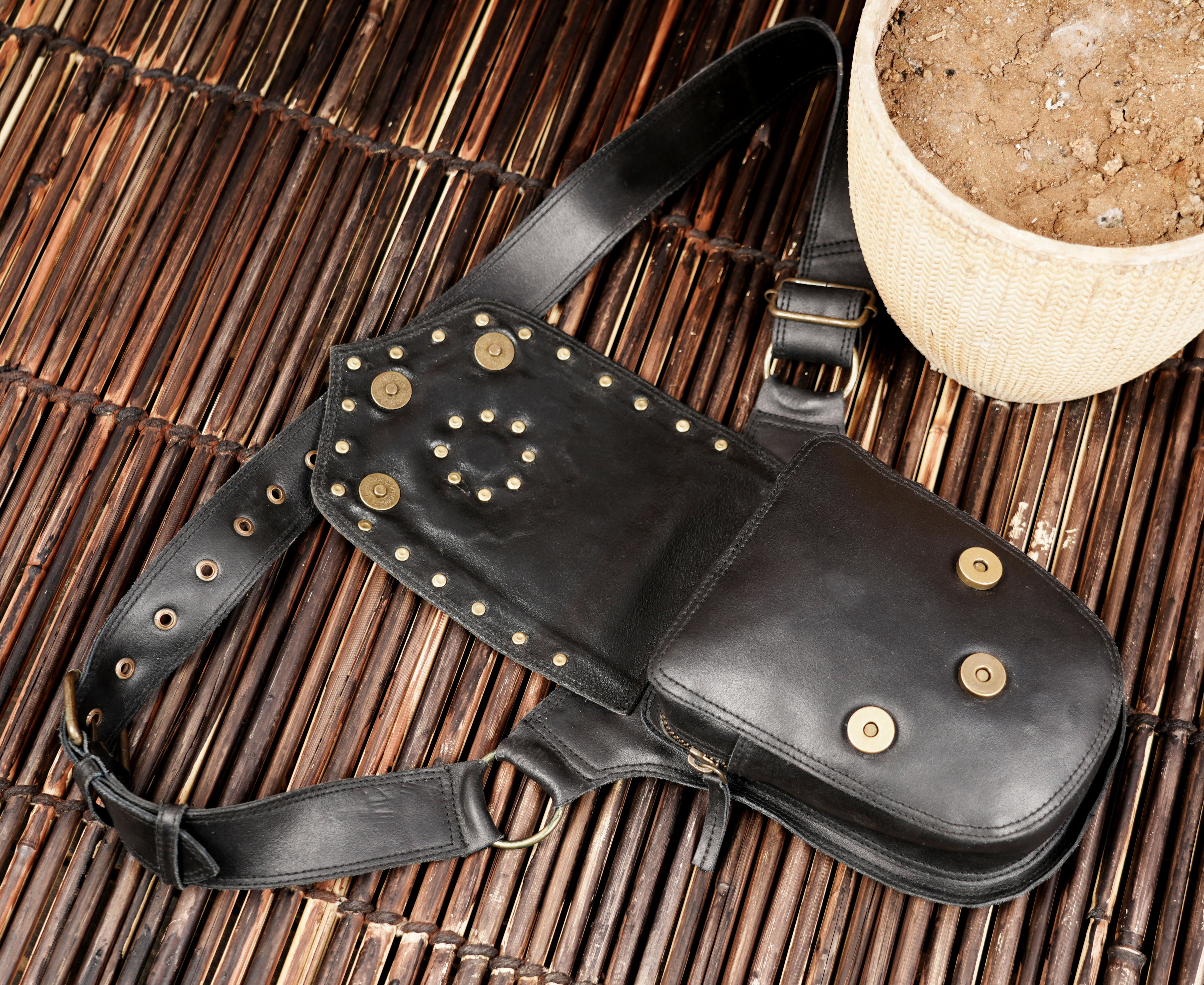 Rustic leather waist belt with pouch