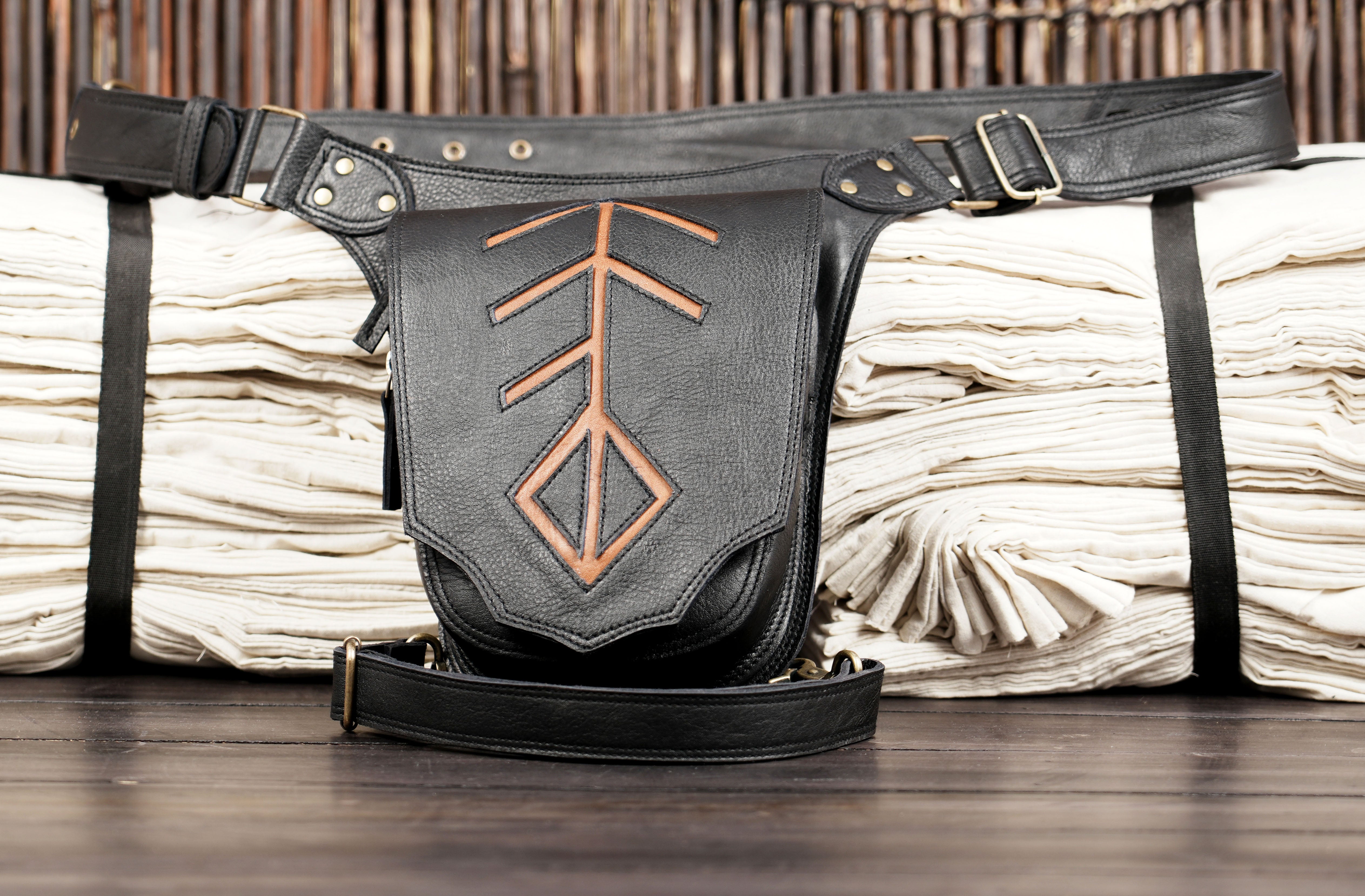 Handmade leather hip bag with secure thigh straps