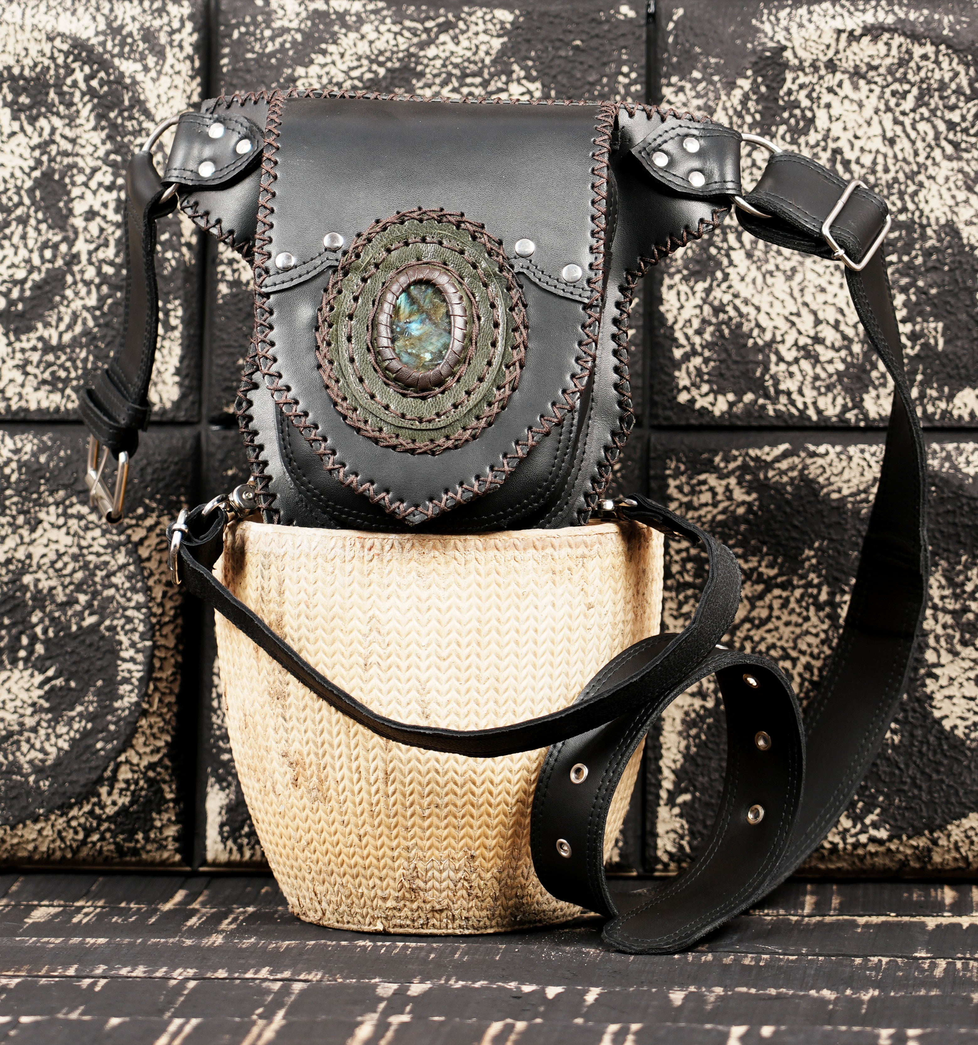 Black leather thigh belt bag with gemstone embellishment