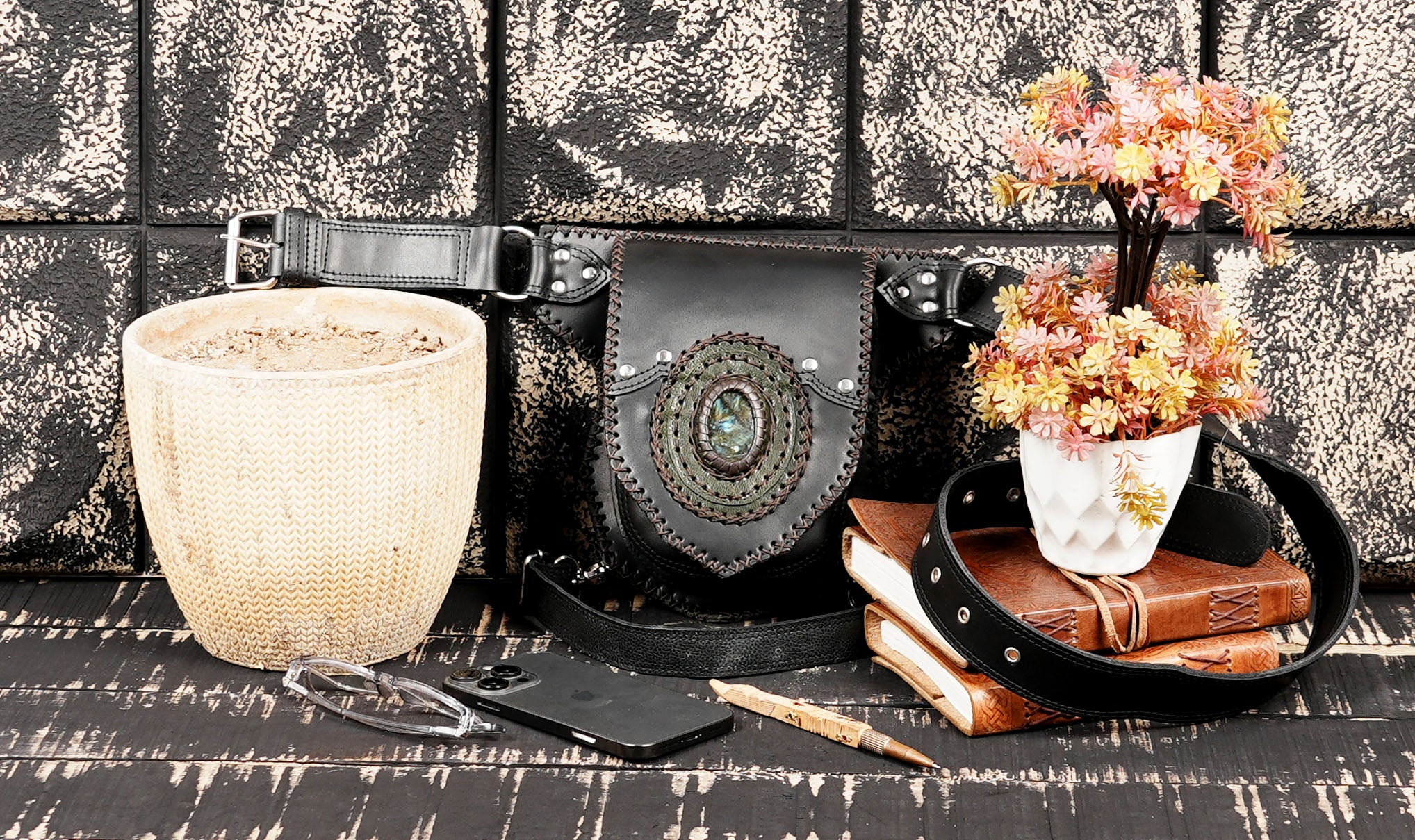 Boho style leather waist thigh belt with gemstone pouch