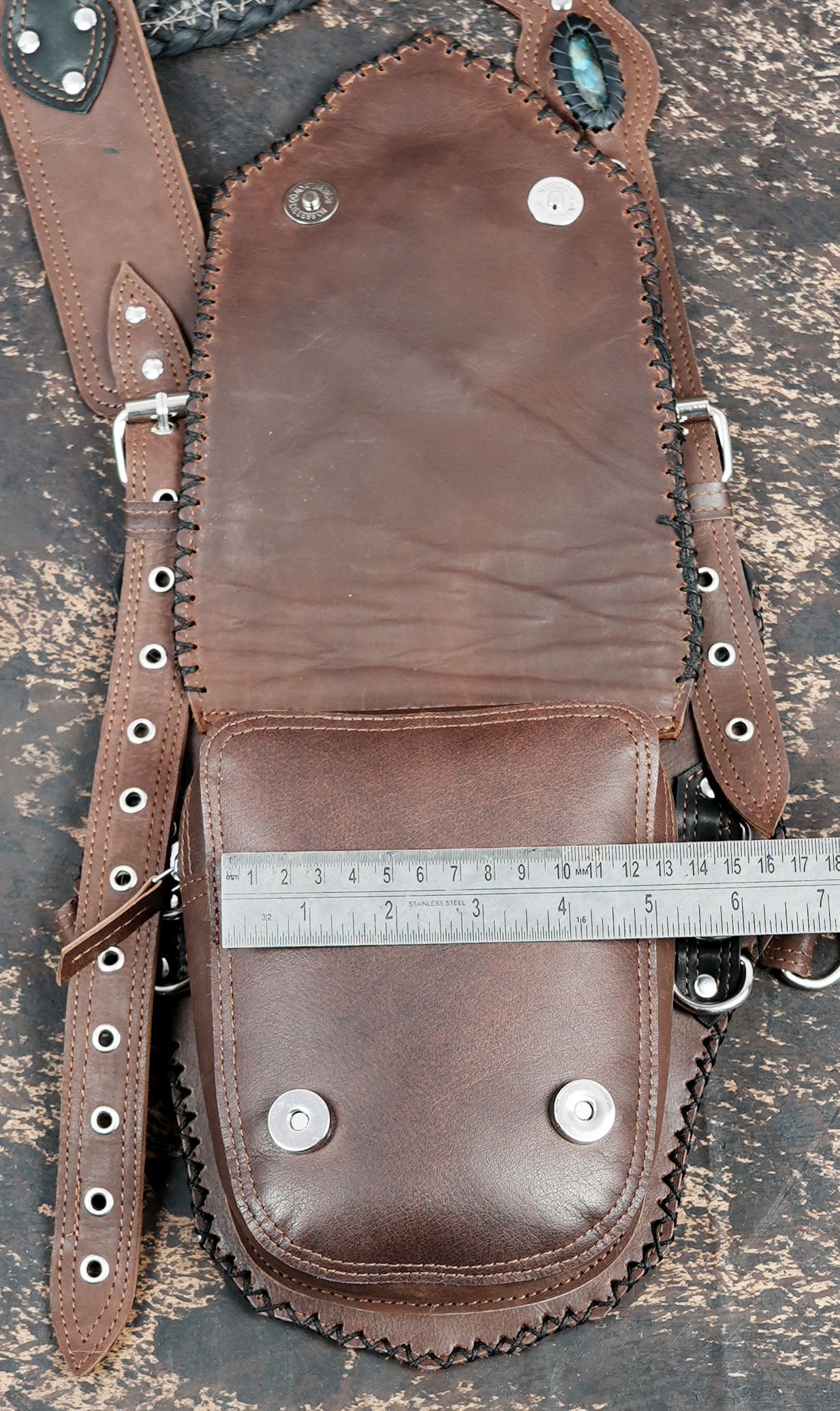 Festival leather body holster with geometric tooling and stone work