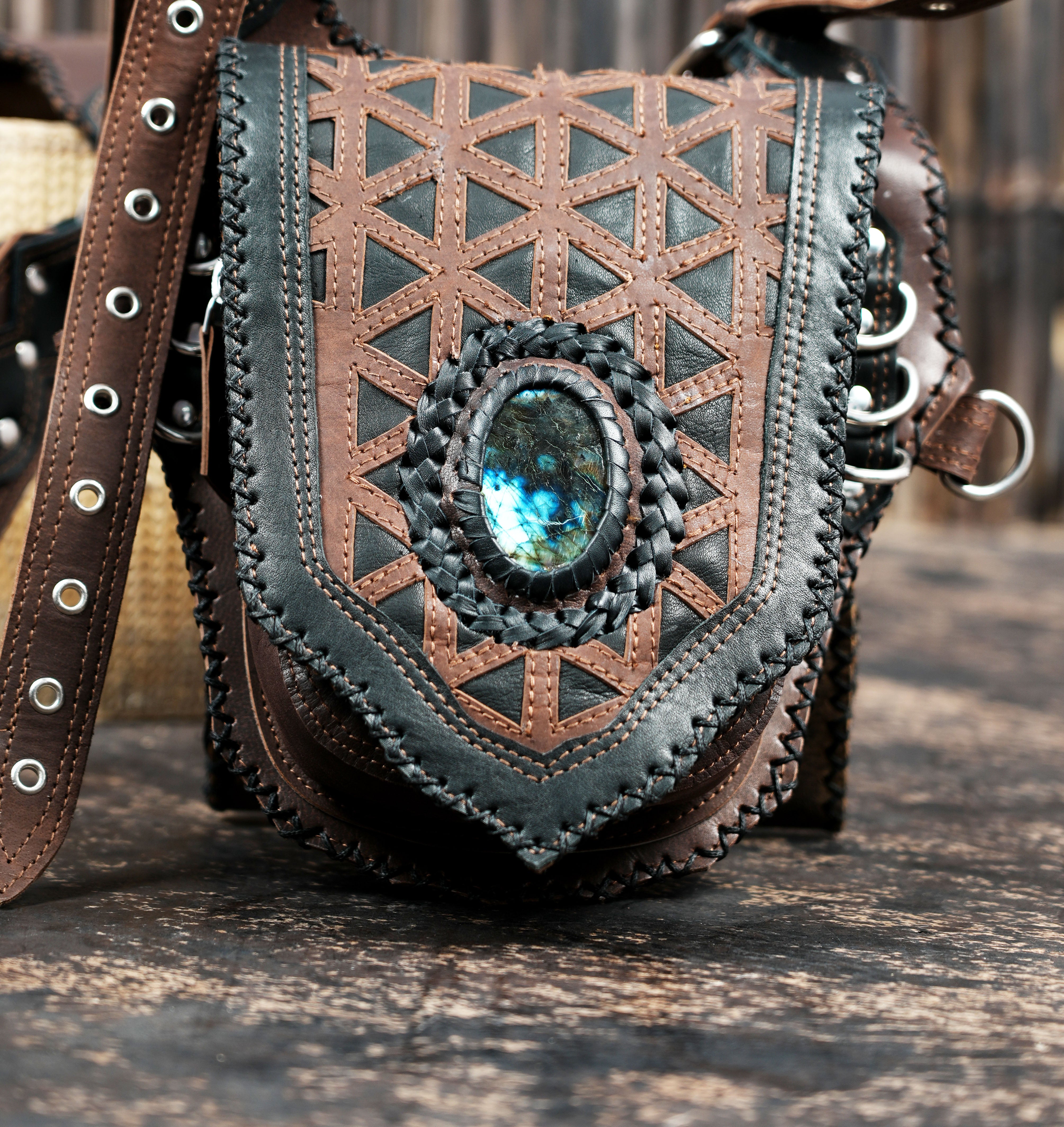 Premium leather holster harness with tribal engraving and stone accents