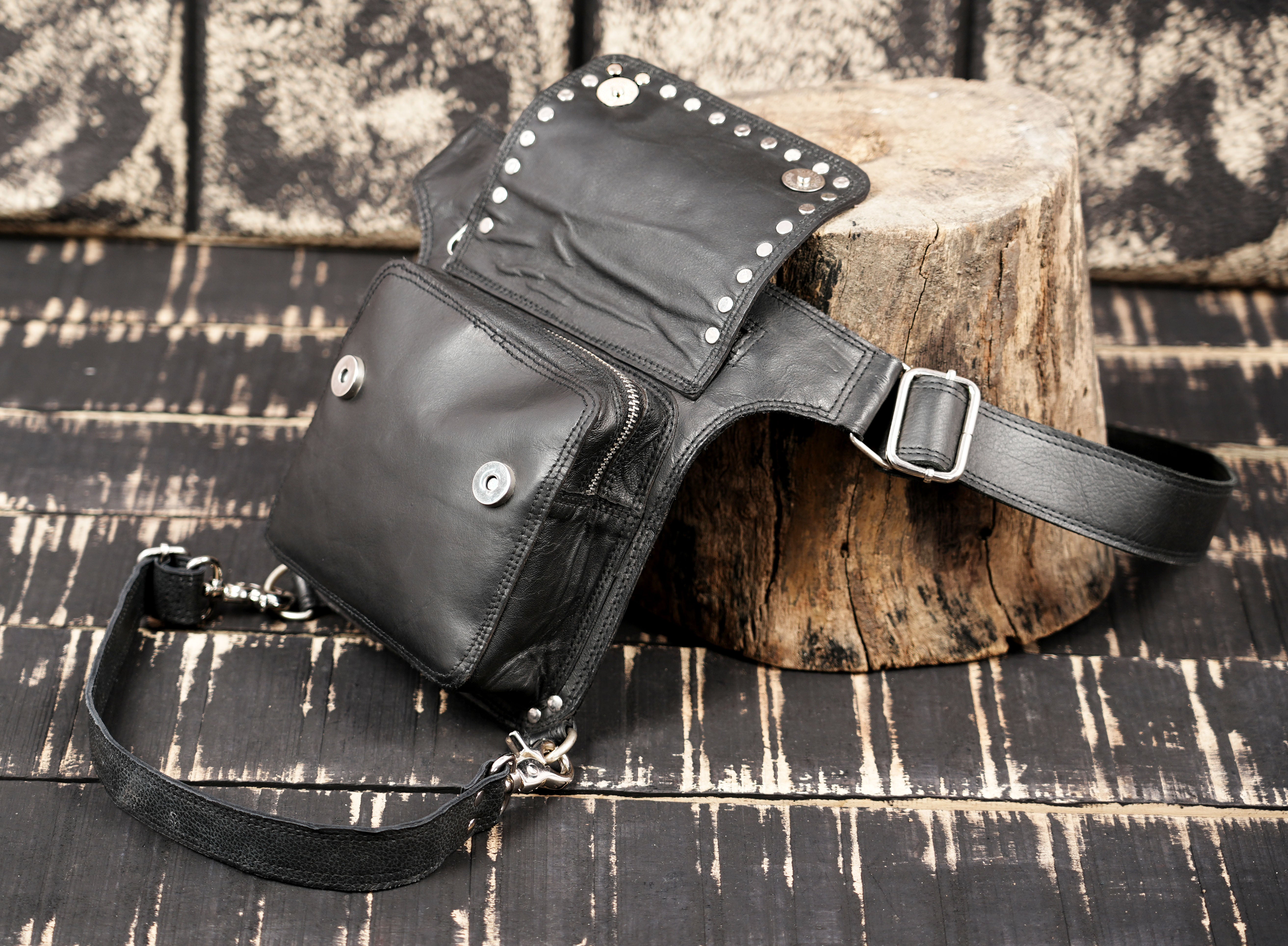 Artisan leather waist thigh belt with metal rivets