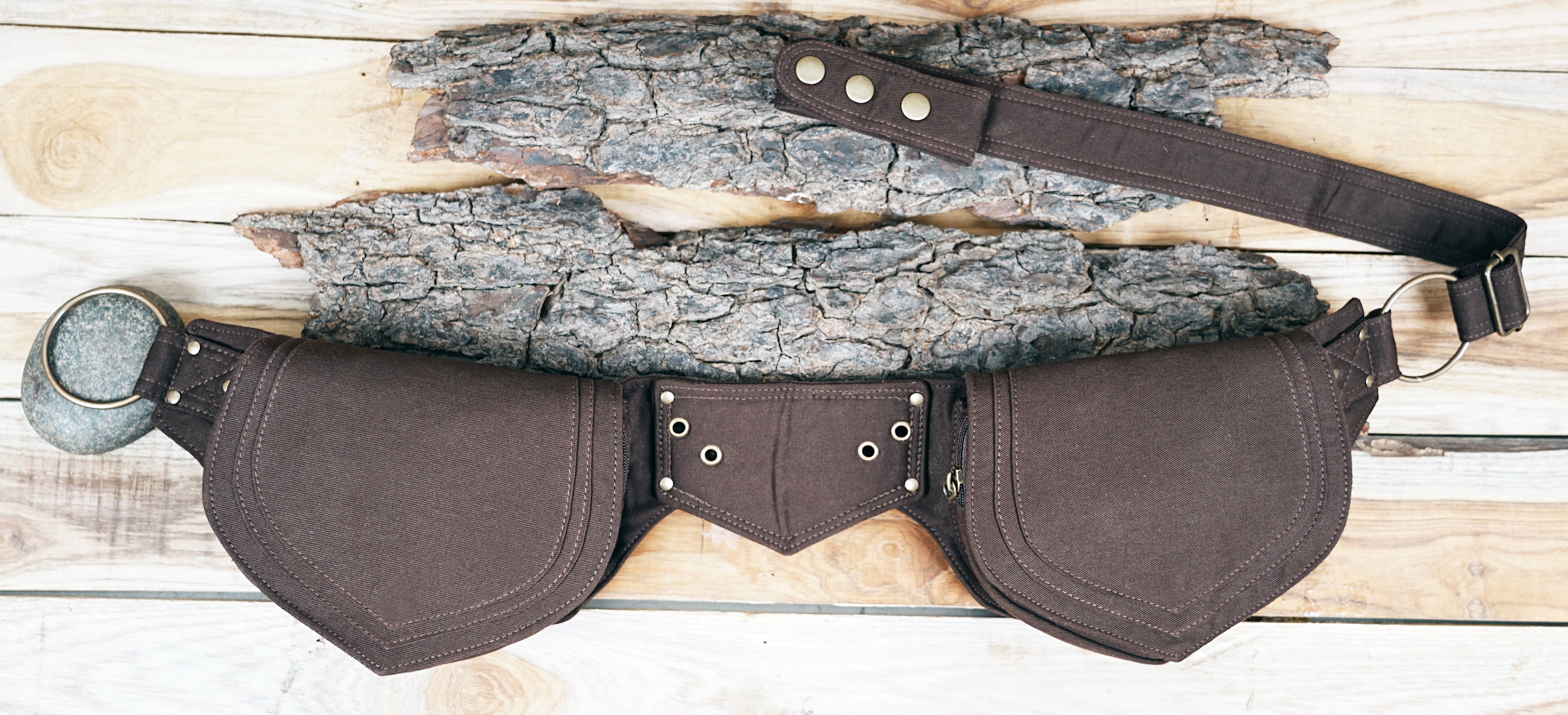 Black cotton waist belt bag with snap flap closures