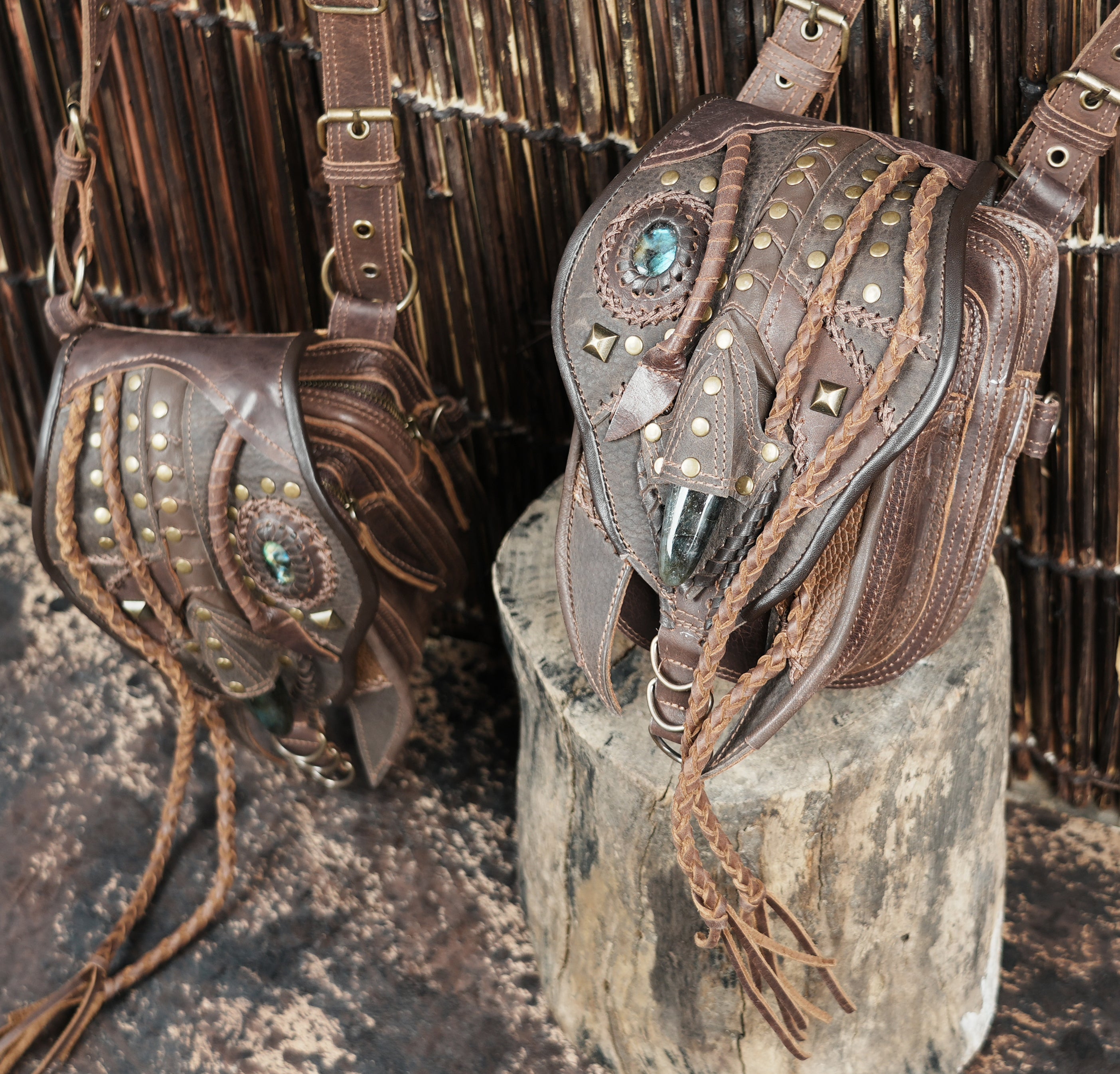 Handcrafted Leather Shoulder Holster with Dual Utility Pouches || Tribal Style Leather Shoulder Holster with Stone and Braided Detail (LT/AB/HLS/6158)