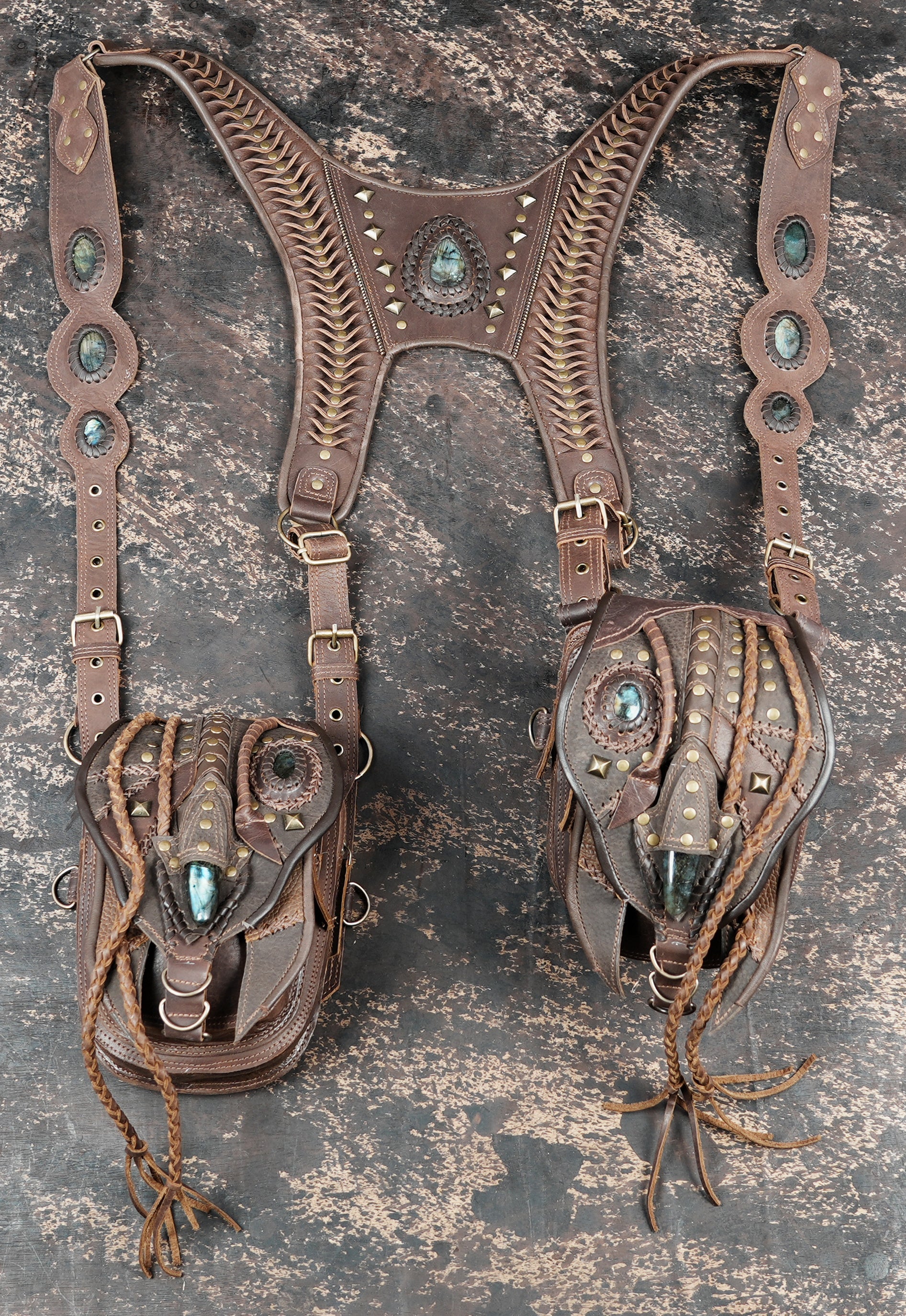 Handcrafted Leather Shoulder Holster with Dual Utility Pouches || Tribal Style Leather Shoulder Holster with Stone and Braided Detail (LT/AB/HLS/6158)