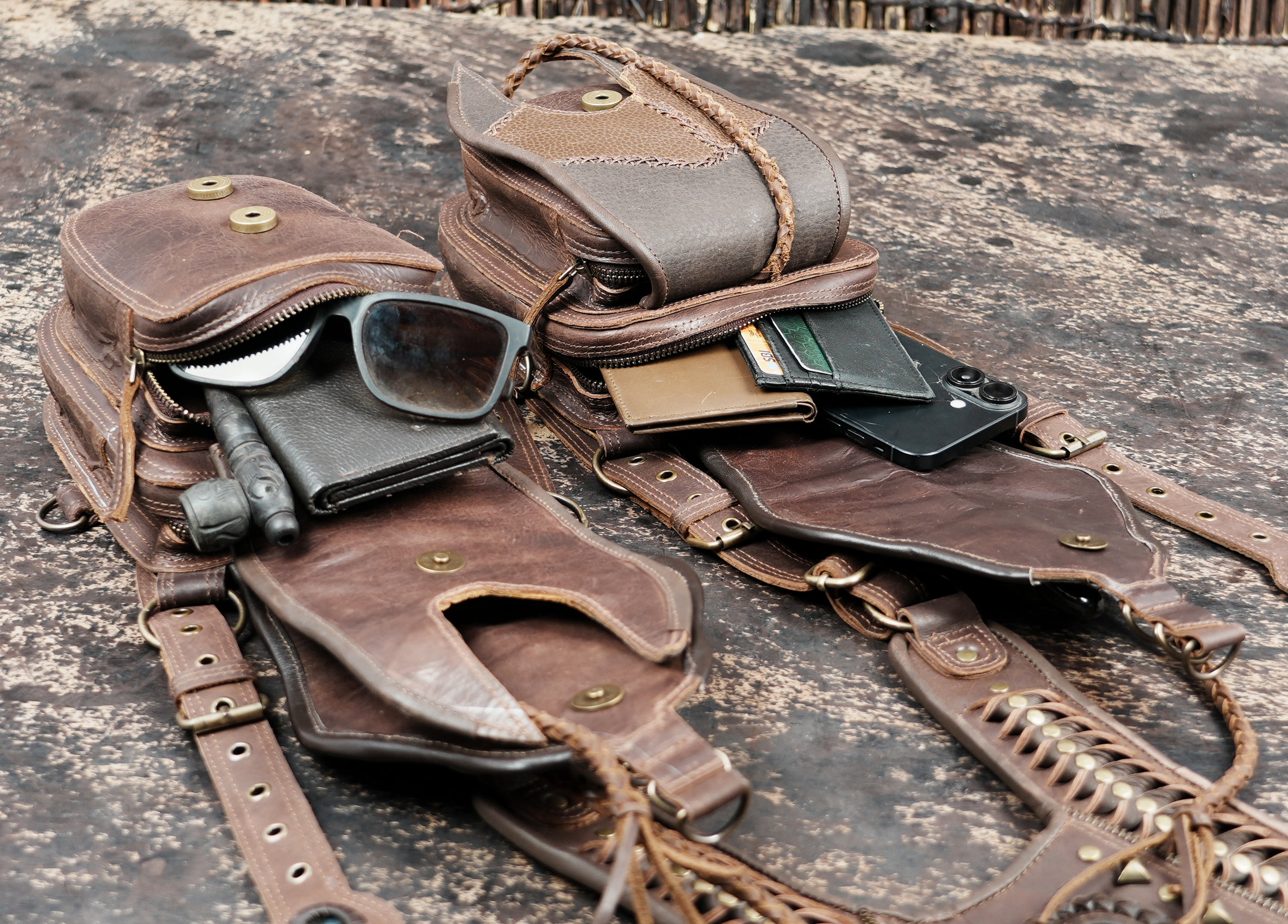 Handcrafted Leather Shoulder Holster with Dual Utility Pouches || Tribal Style Leather Shoulder Holster with Stone and Braided Detail (LT/AB/HLS/6158)