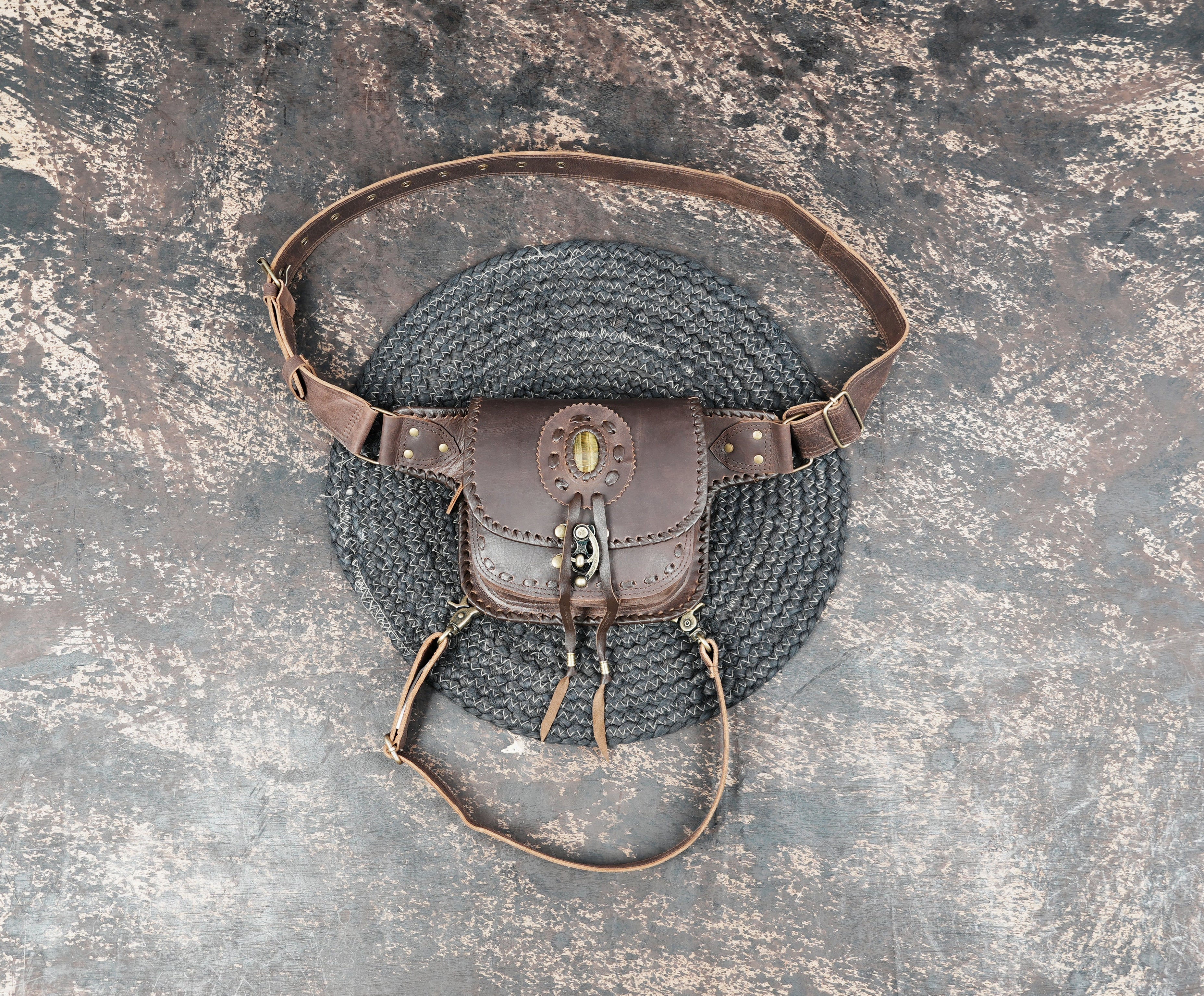 Handmade leather waist thigh belt with front pouch || Brown leather thigh belt bag with front flap pouch (LT/AB/WBTS/6045)