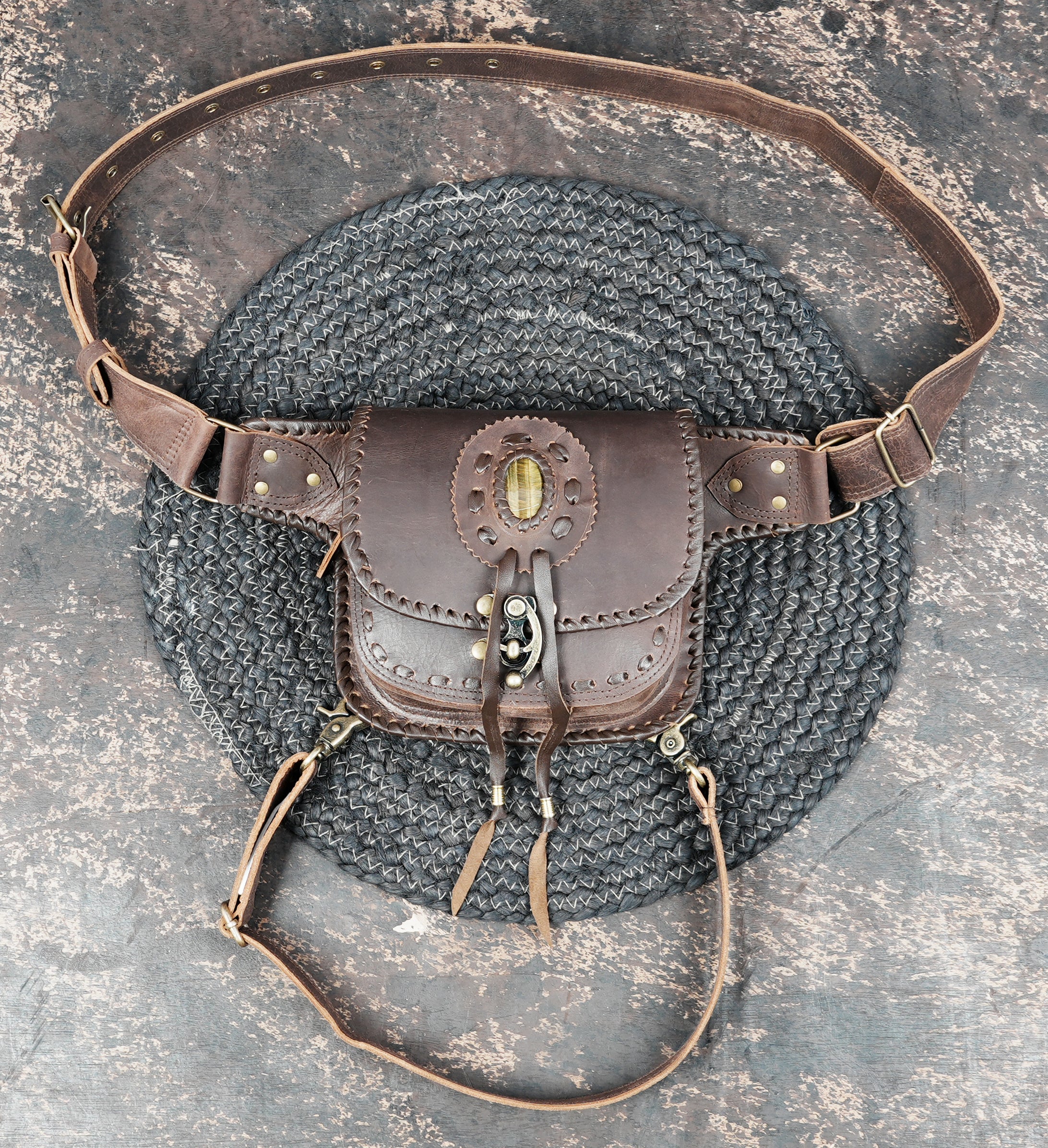 Handmade leather waist thigh belt with front pouch || Brown leather thigh belt bag with front flap pouch (LT/AB/WBTS/6045)