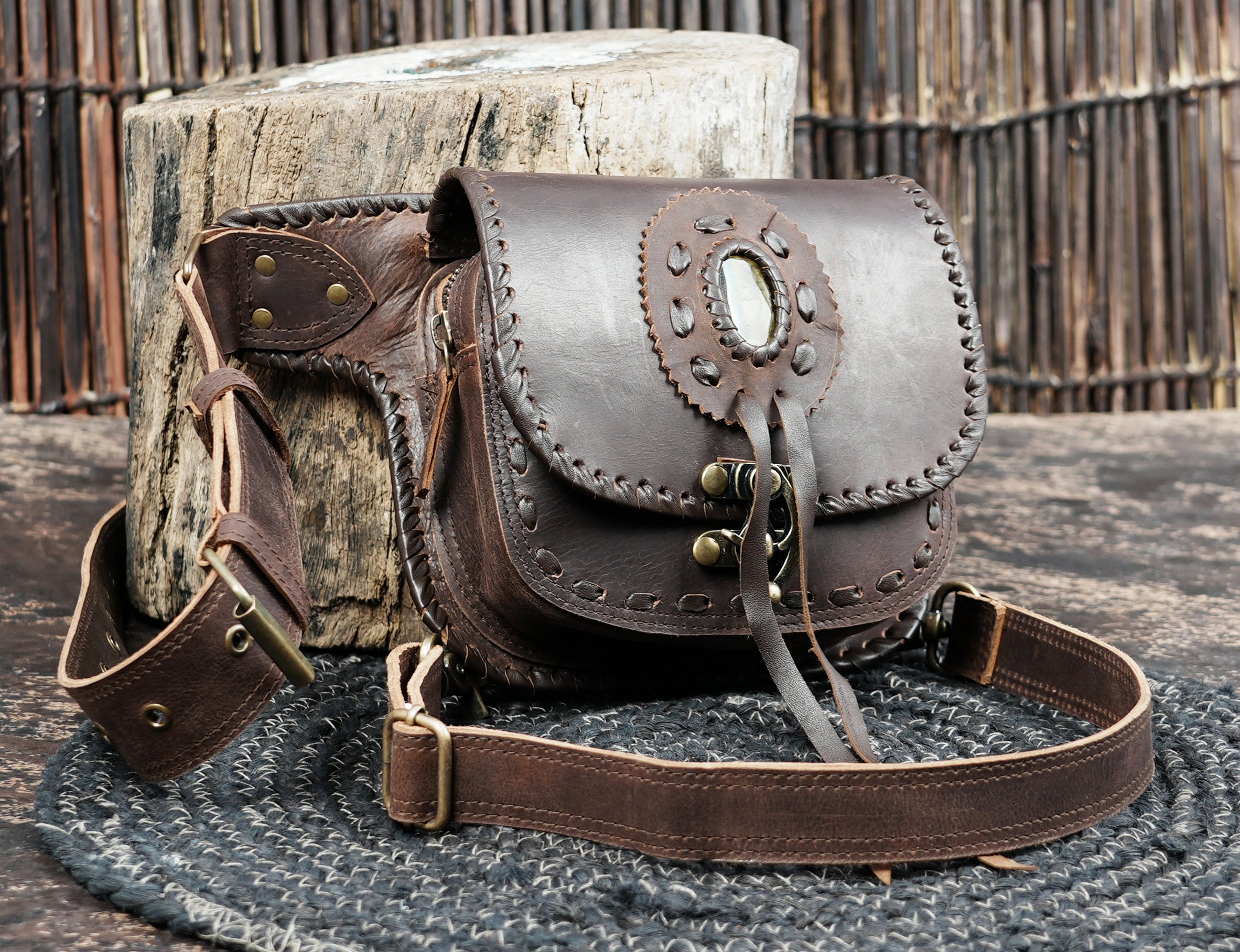 Handmade leather waist thigh belt with front pouch || Brown leather thigh belt bag with front flap pouch (LT/AB/WBTS/6045)