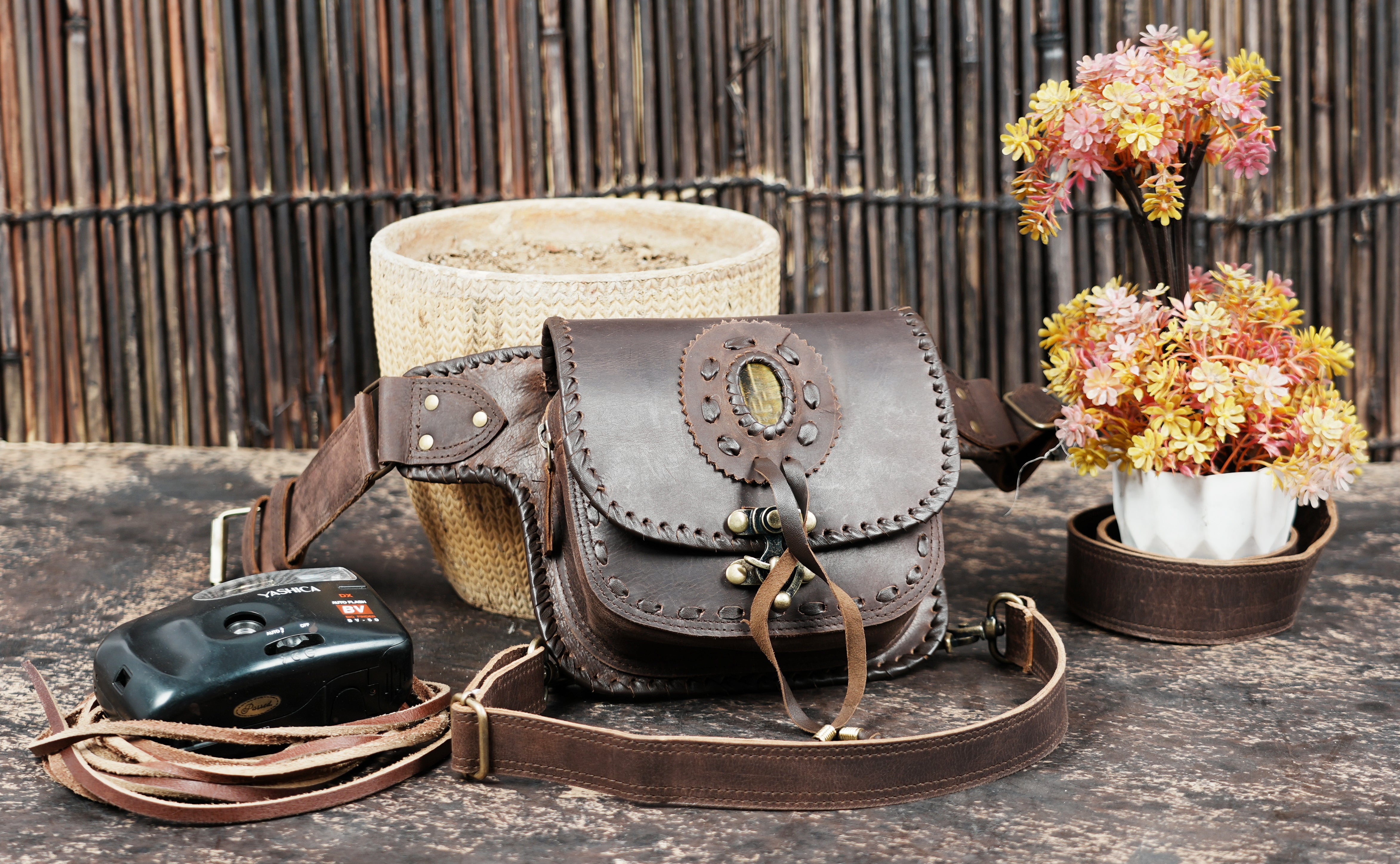 Handmade leather waist thigh belt with front pouch || Brown leather thigh belt bag with front flap pouch (LT/AB/WBTS/6045)