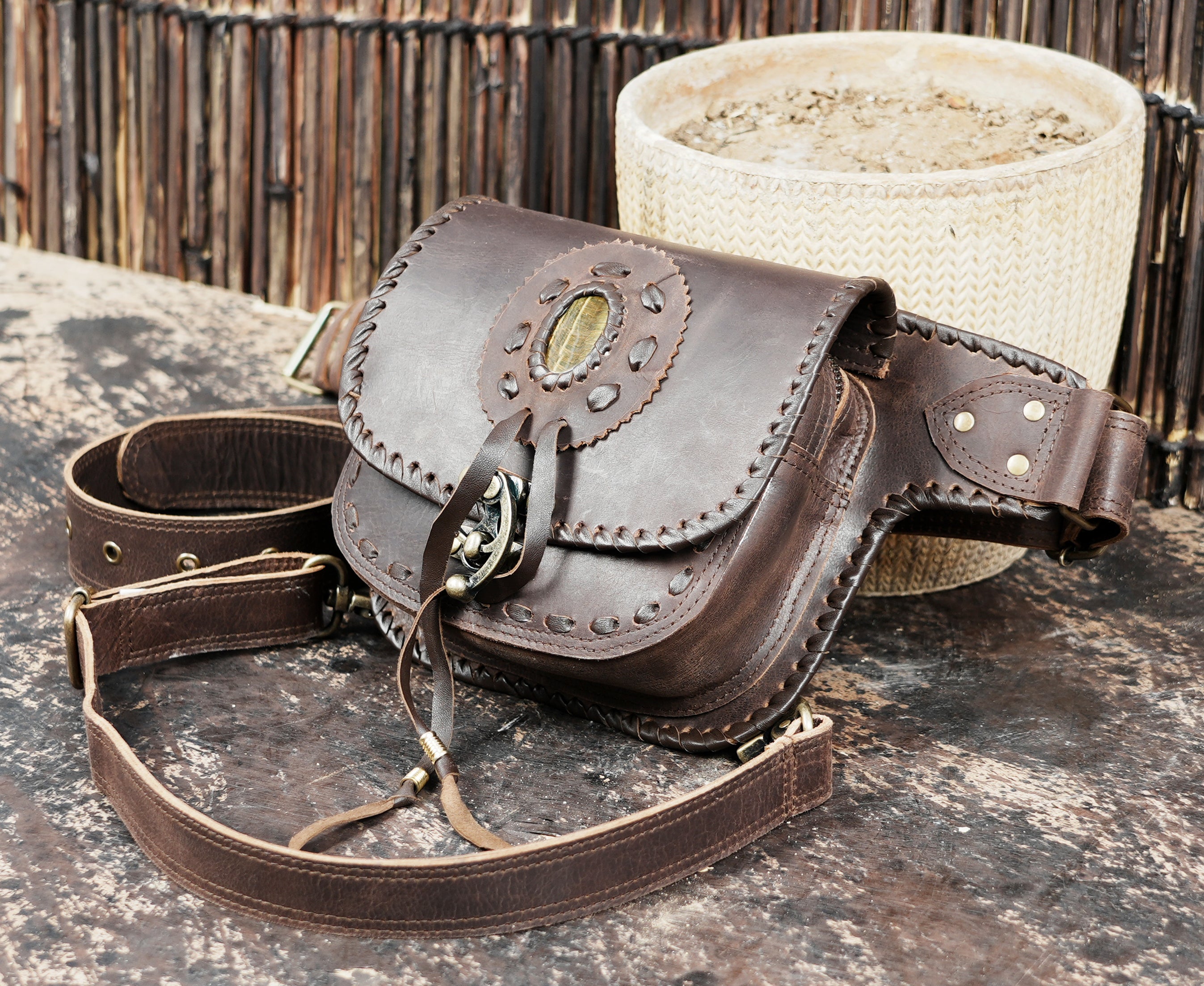 Handmade leather waist thigh belt with front pouch || Brown leather thigh belt bag with front flap pouch (LT/AB/WBTS/6045)