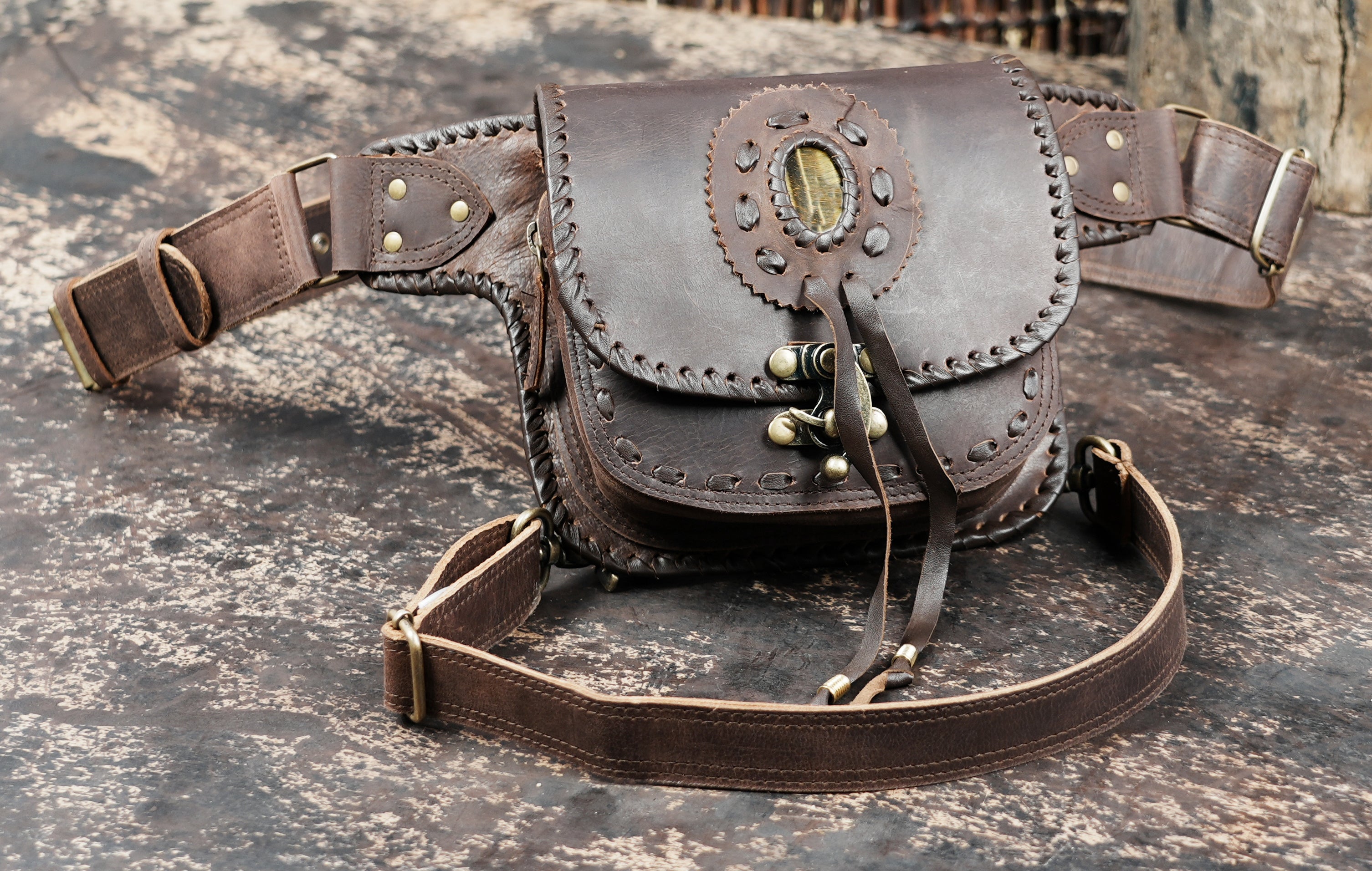 Handmade leather waist thigh belt with front pouch || Brown leather thigh belt bag with front flap pouch (LT/AB/WBTS/6045)